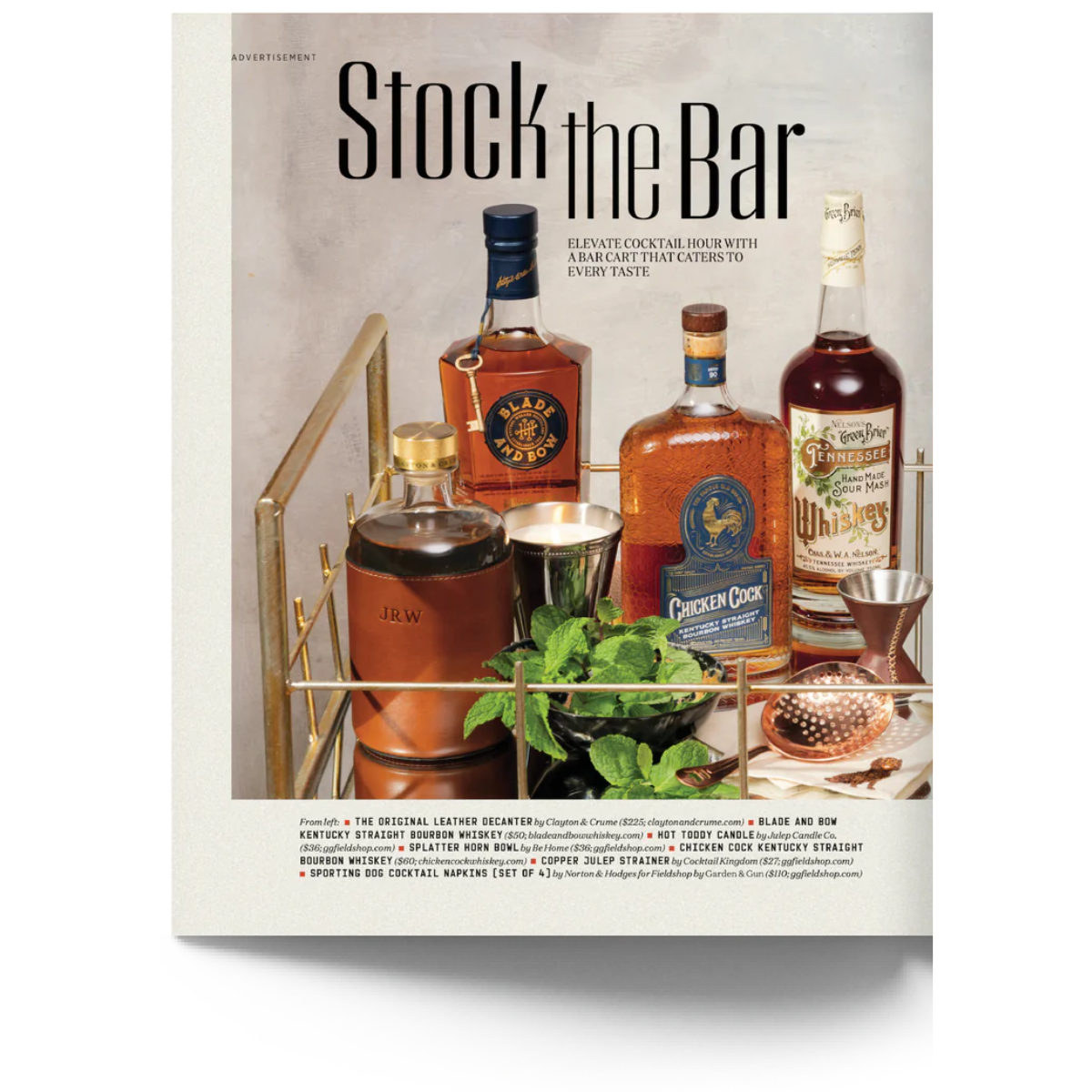 A magazine page clipping featuring a stocked bar cart with a variety of spirits and bar accessories.