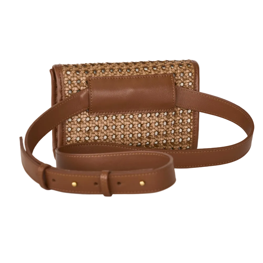 Brown woven handbag with a matching strap on a light gray background