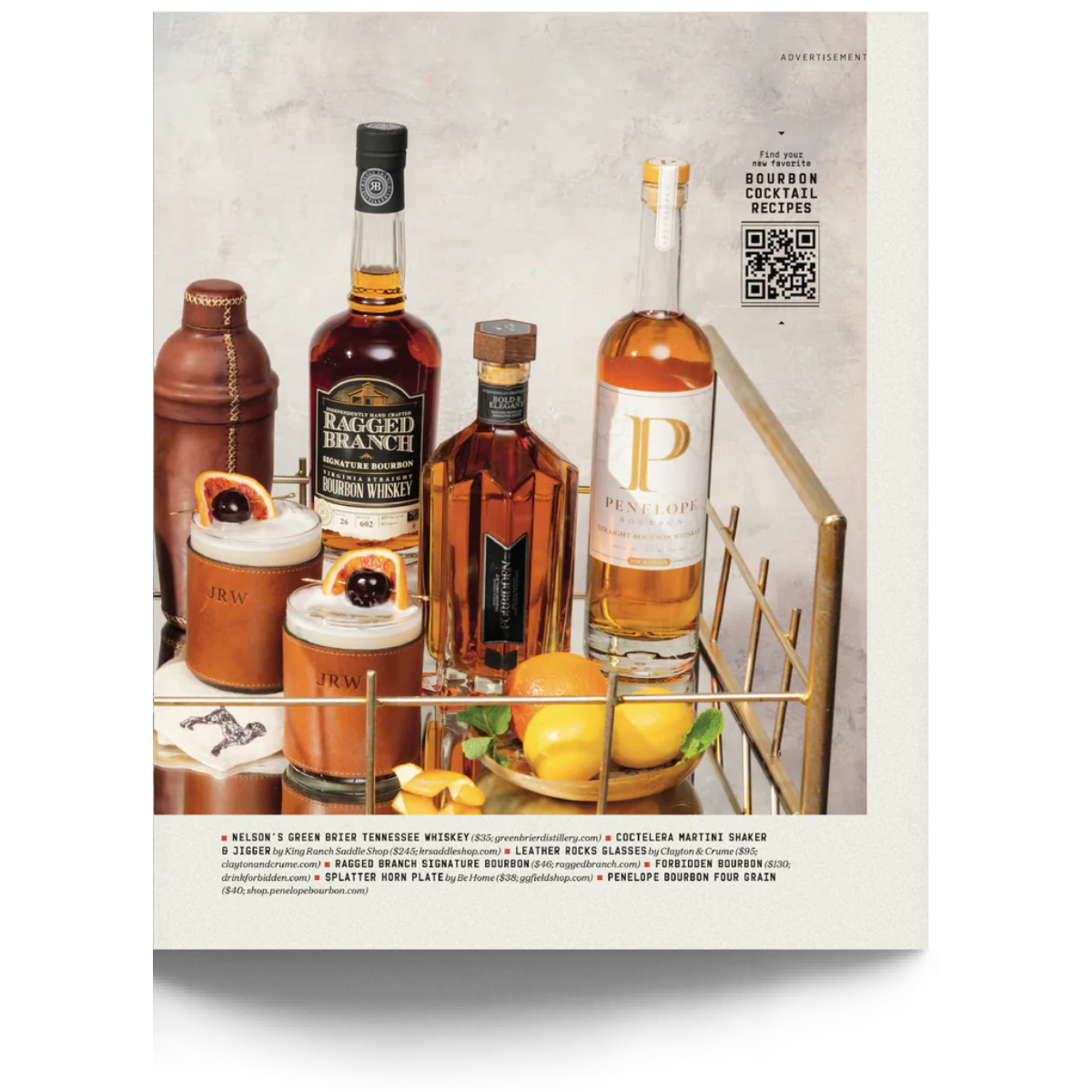  A magazine page clipping featuring a stocked bar cart with a variety of spirits and bar accessories.