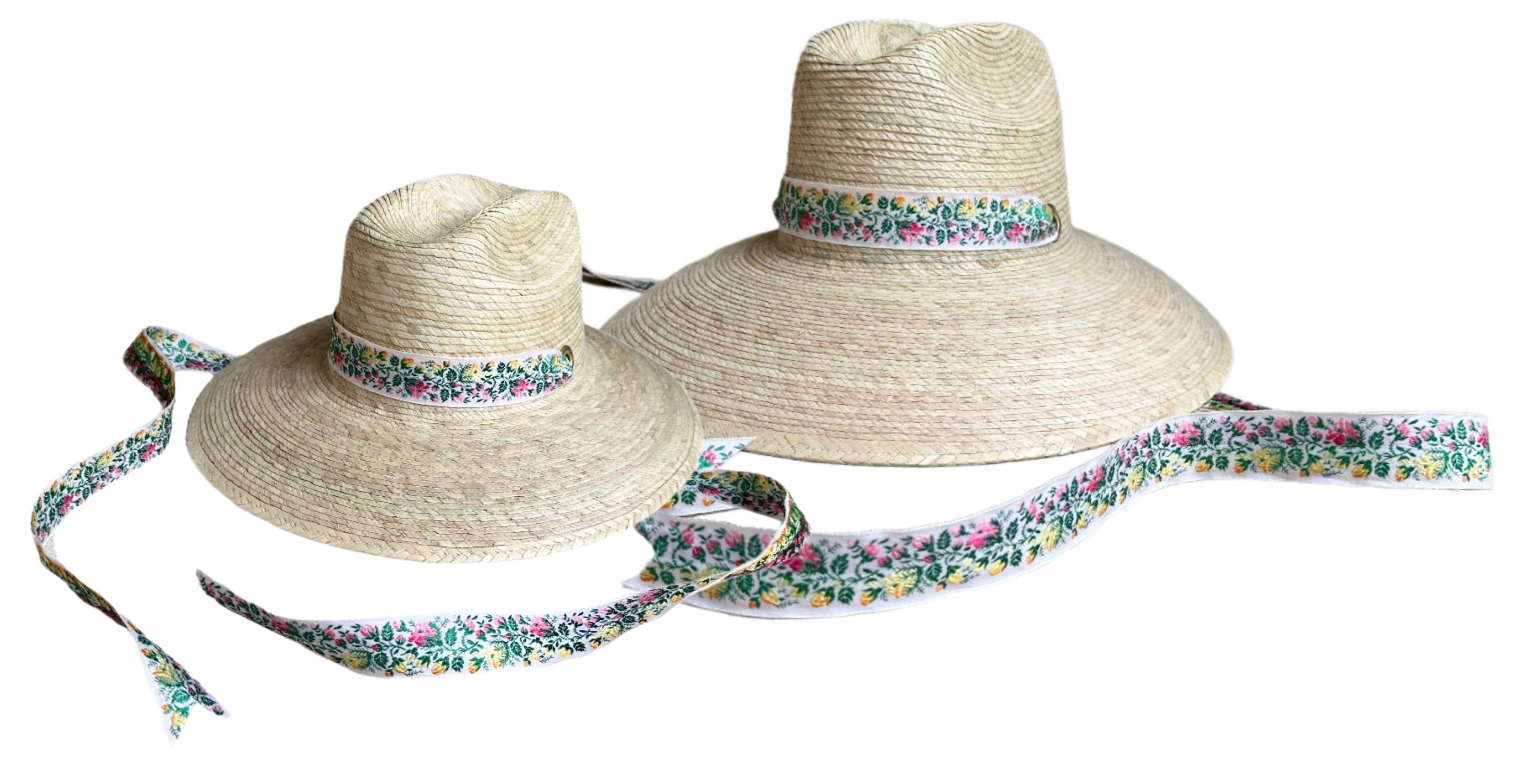 Mommy & Me Sun Hat Set - Hollyhock & Petunia - Long Rainbow Rosebud Vintage Ribbon
