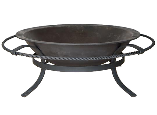 Black metal fire pit with decorative stand on a light wooden floor.