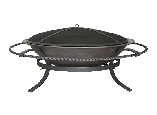 Black metal fire pit on a light wooden floor with a white background