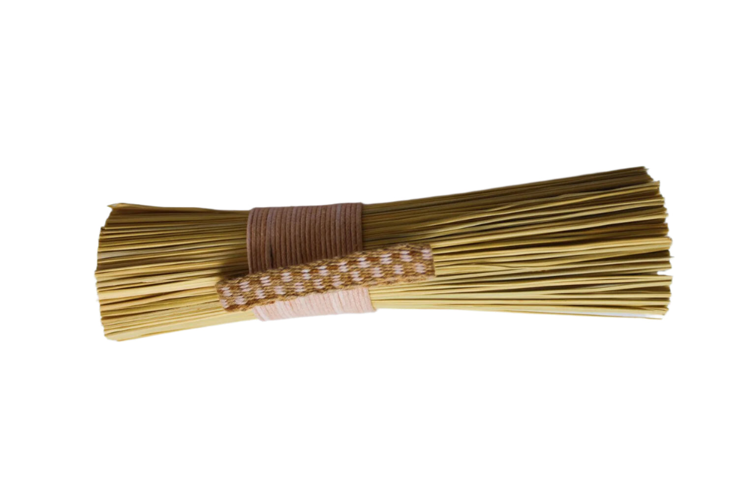 Bamboo broom with a woven handle on a light gray background