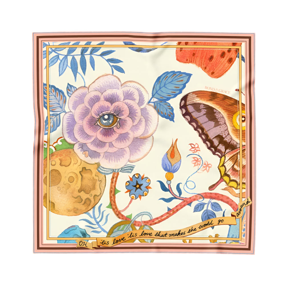 Decorative scarf with floral and butterfly design on a white background