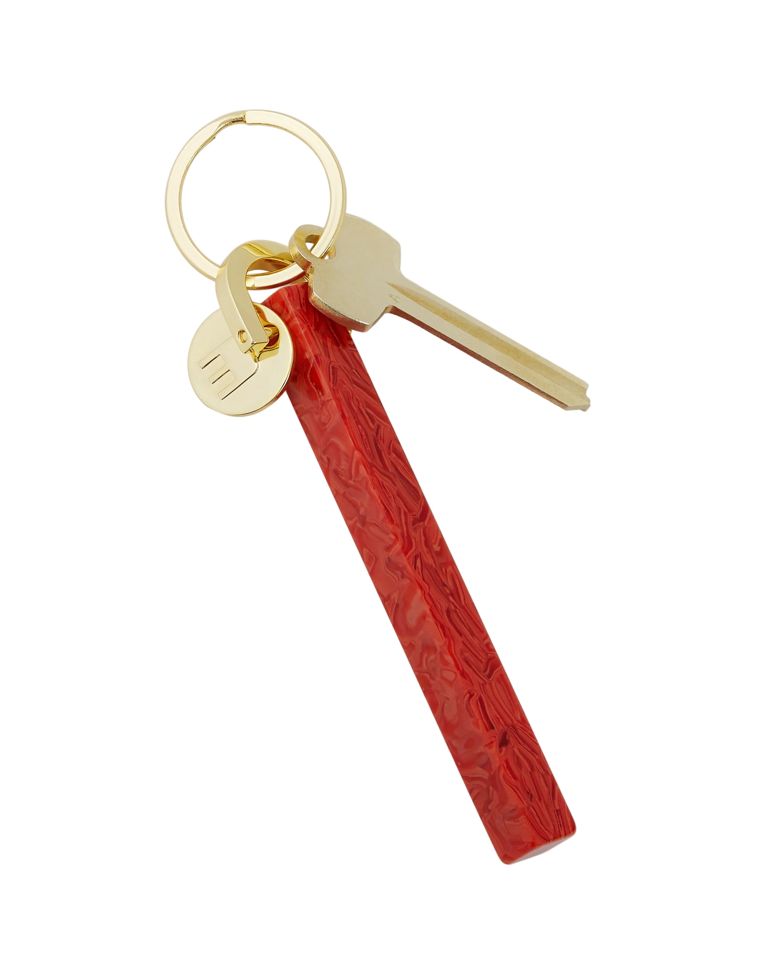 Keychain with red tag and gold keyring on a white background