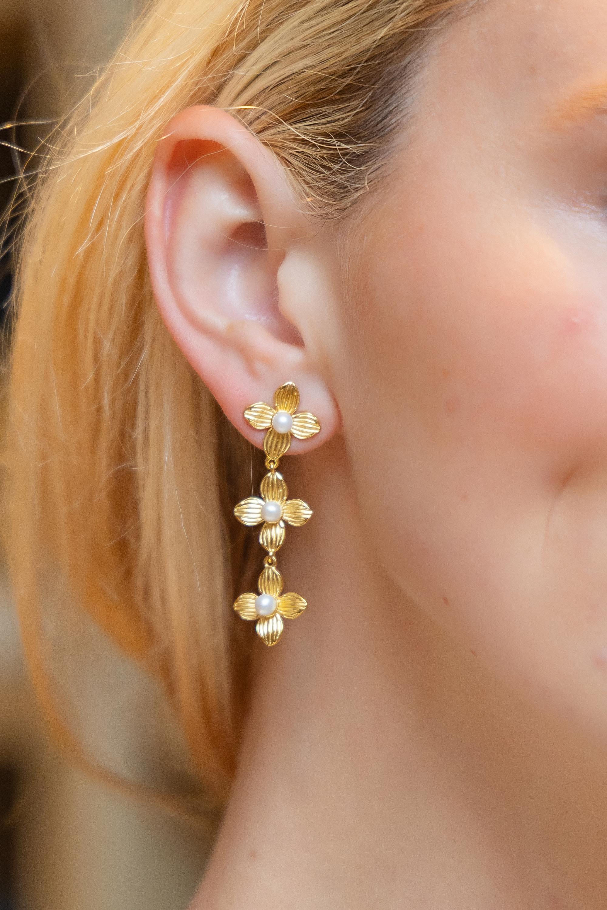 Bloom Gold & Pearl Triple Earrings