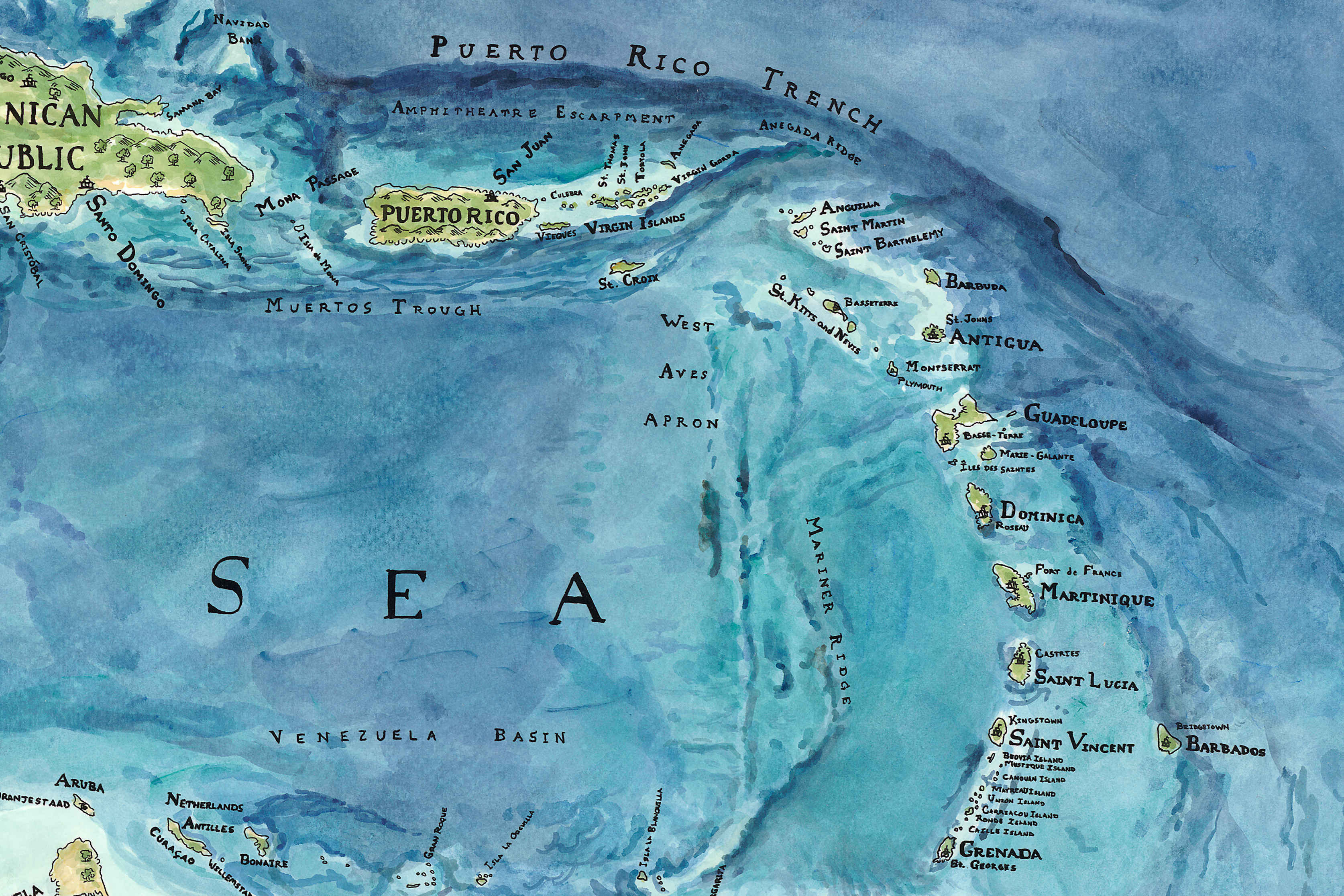 Map of the Caribbean Sea with various islands labeled.