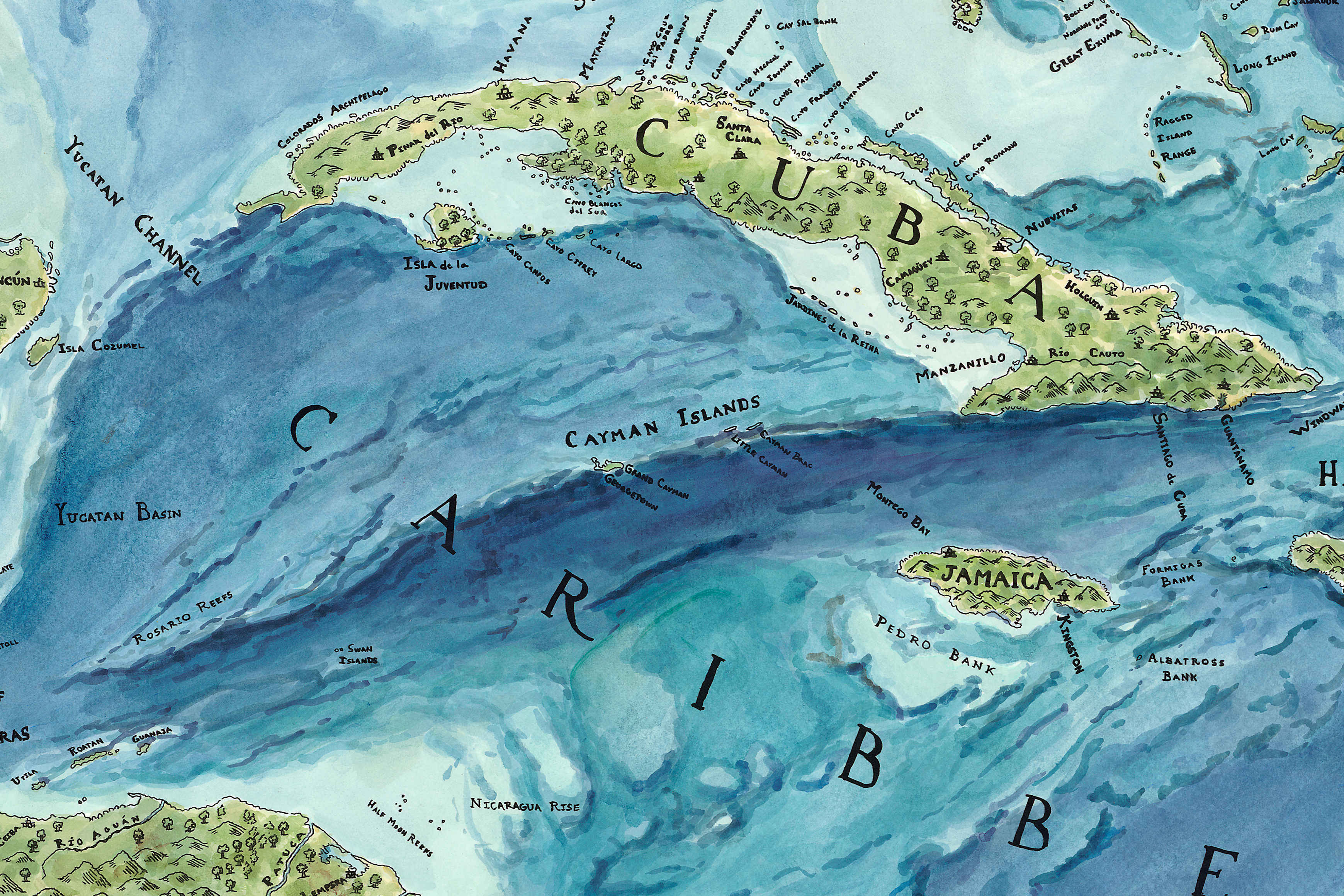 Map of the Caribbean region with Cuba and Jamaica labeled.