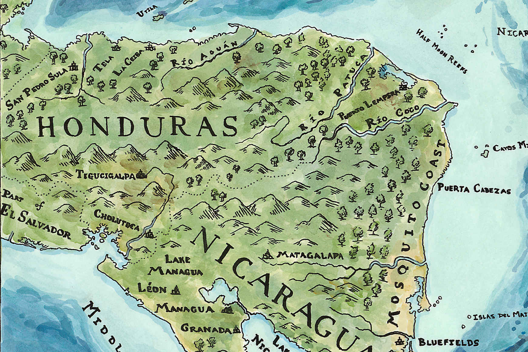 Map of Honduras and Nicaragua with labeled cities and geographical features.