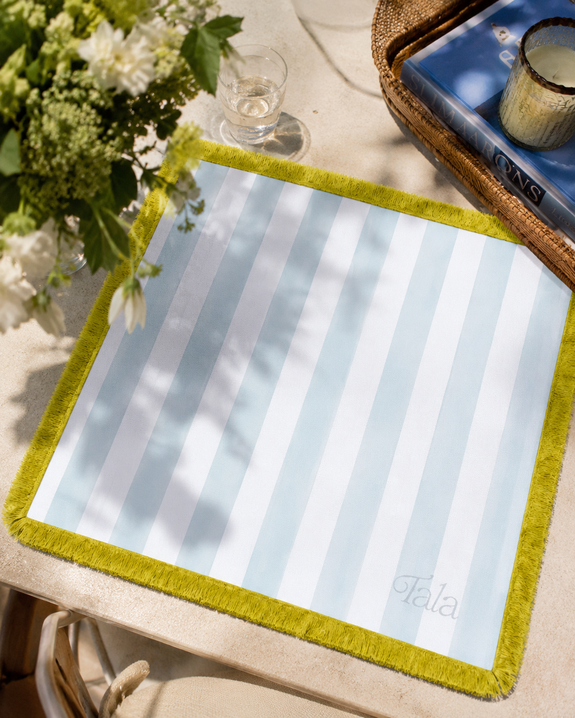 Cabana Mahjong Mat - Seafoam Blue & Ivory with Citrus Fringe