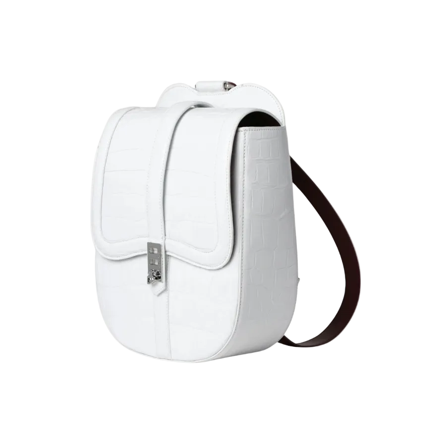 Roubaix Piper Backpack in White Alligator with Maroon Straps in Silver
