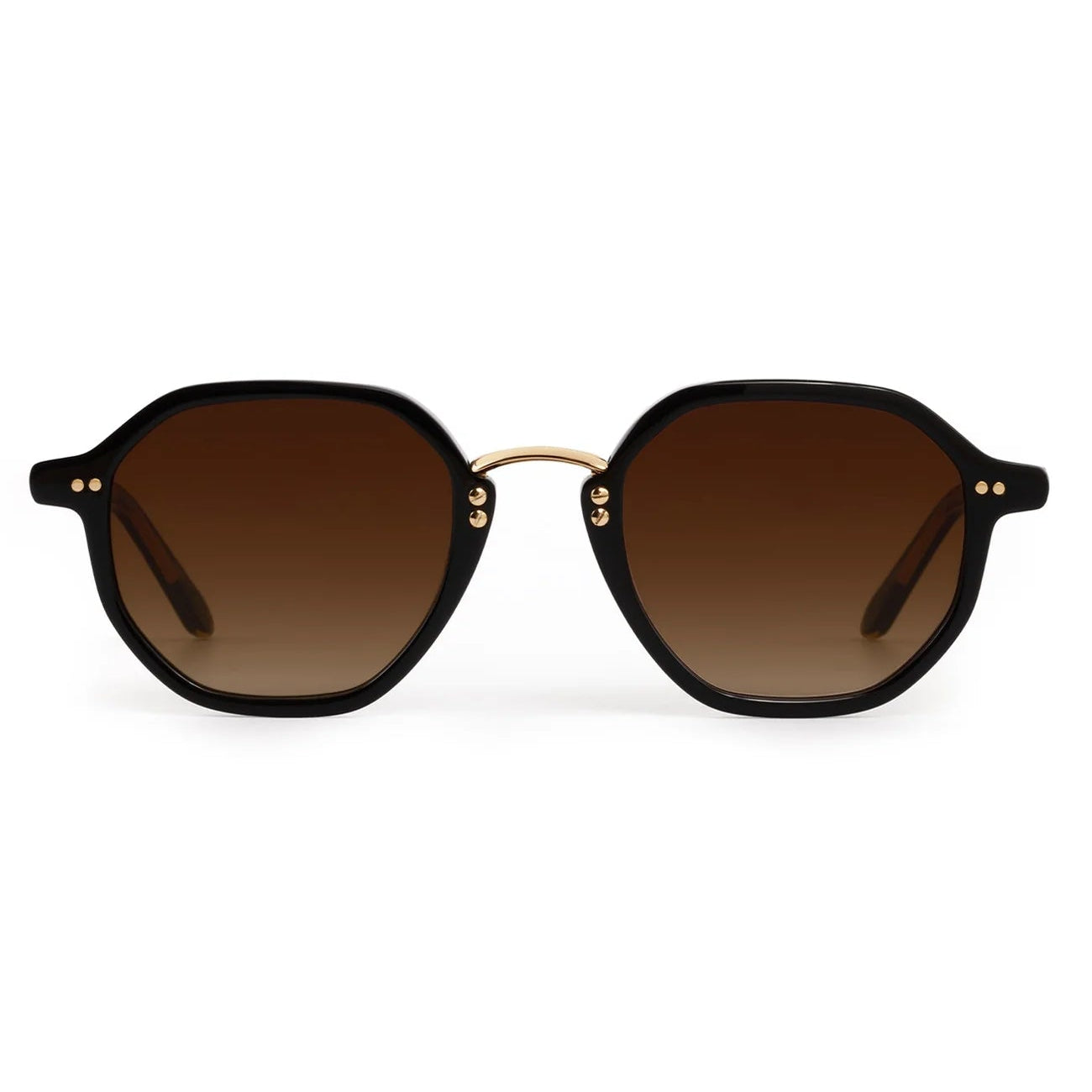 Round sunglasses with brown gradient lenses on a white background