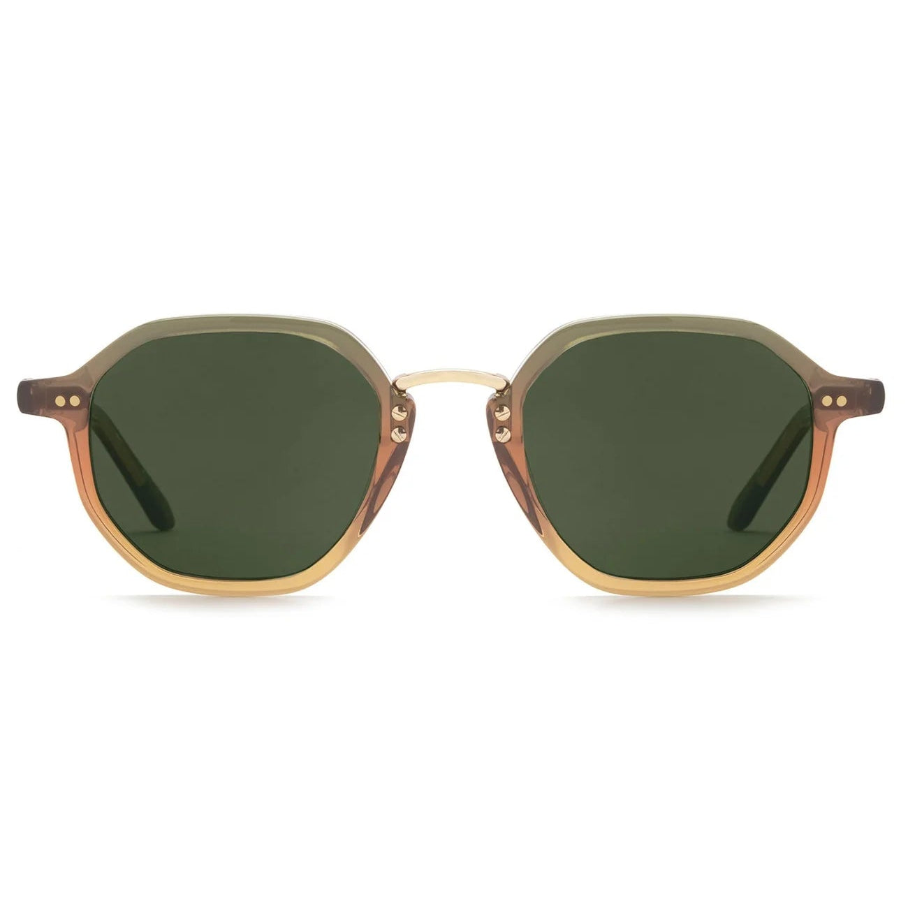 Round sunglasses with gold frame and green lenses on a white background