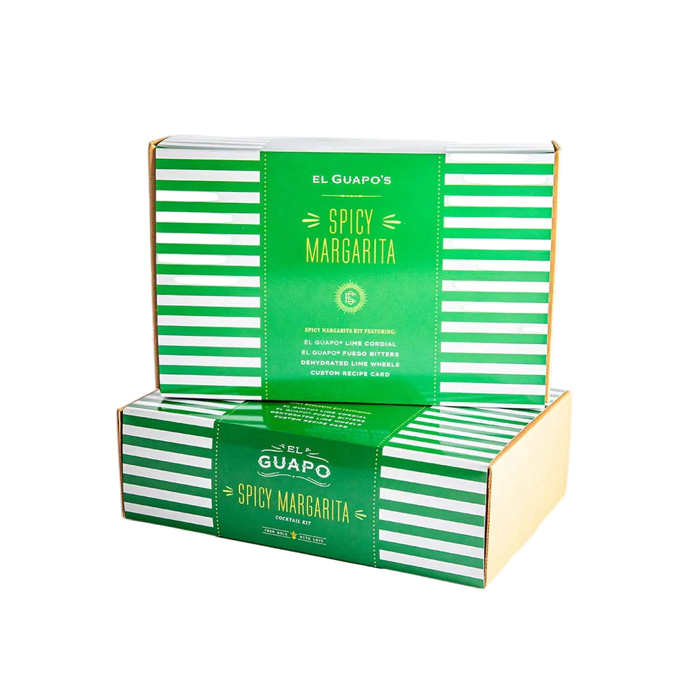 Two green boxes with white stripes and 'El Guapo's Spicy Margarita' text on a white background