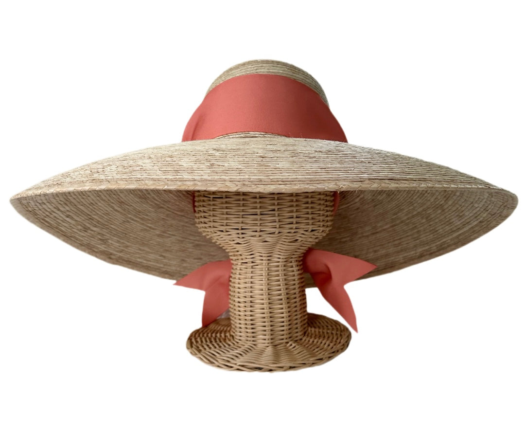 Daisy Sun Hat - Wide & Short Coral Grosgrain Ribbon
