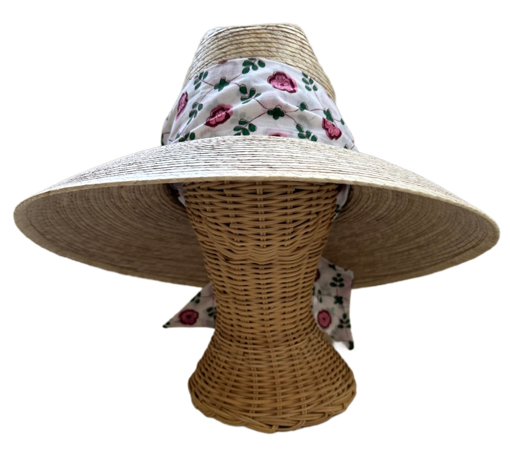 Hollyhock Sun Hat - Pink Pansy Block Print Hat Scarf