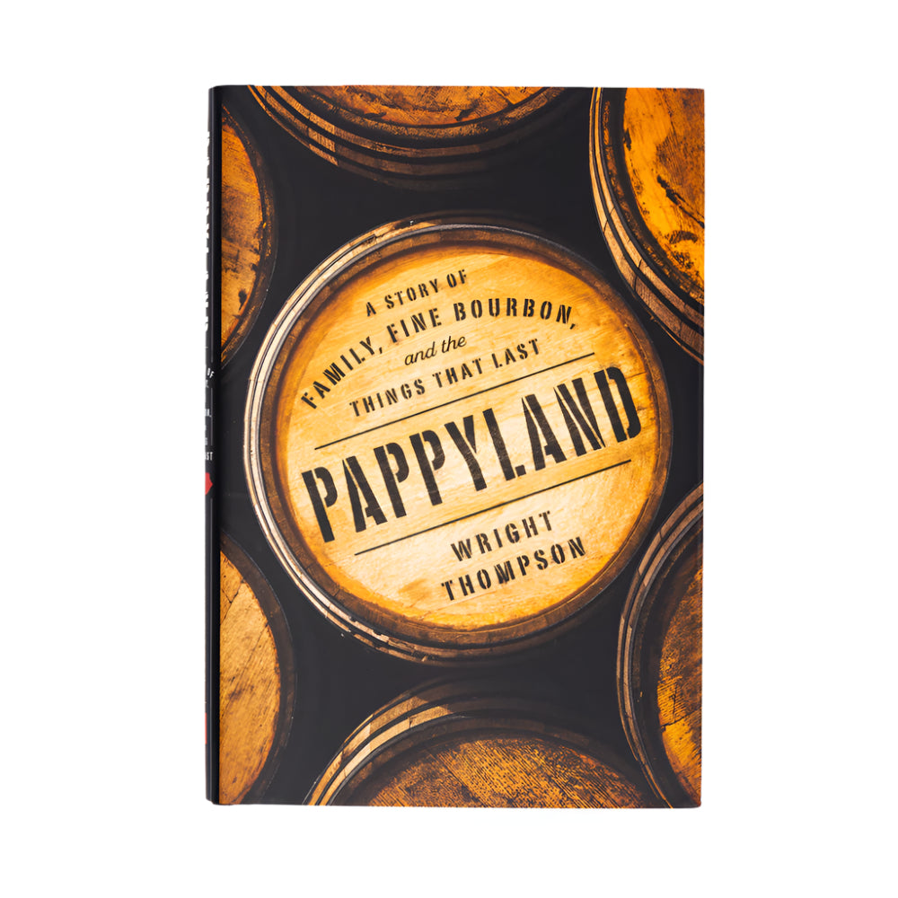 Book cover of 'Pappyland' with bourbon barrel design