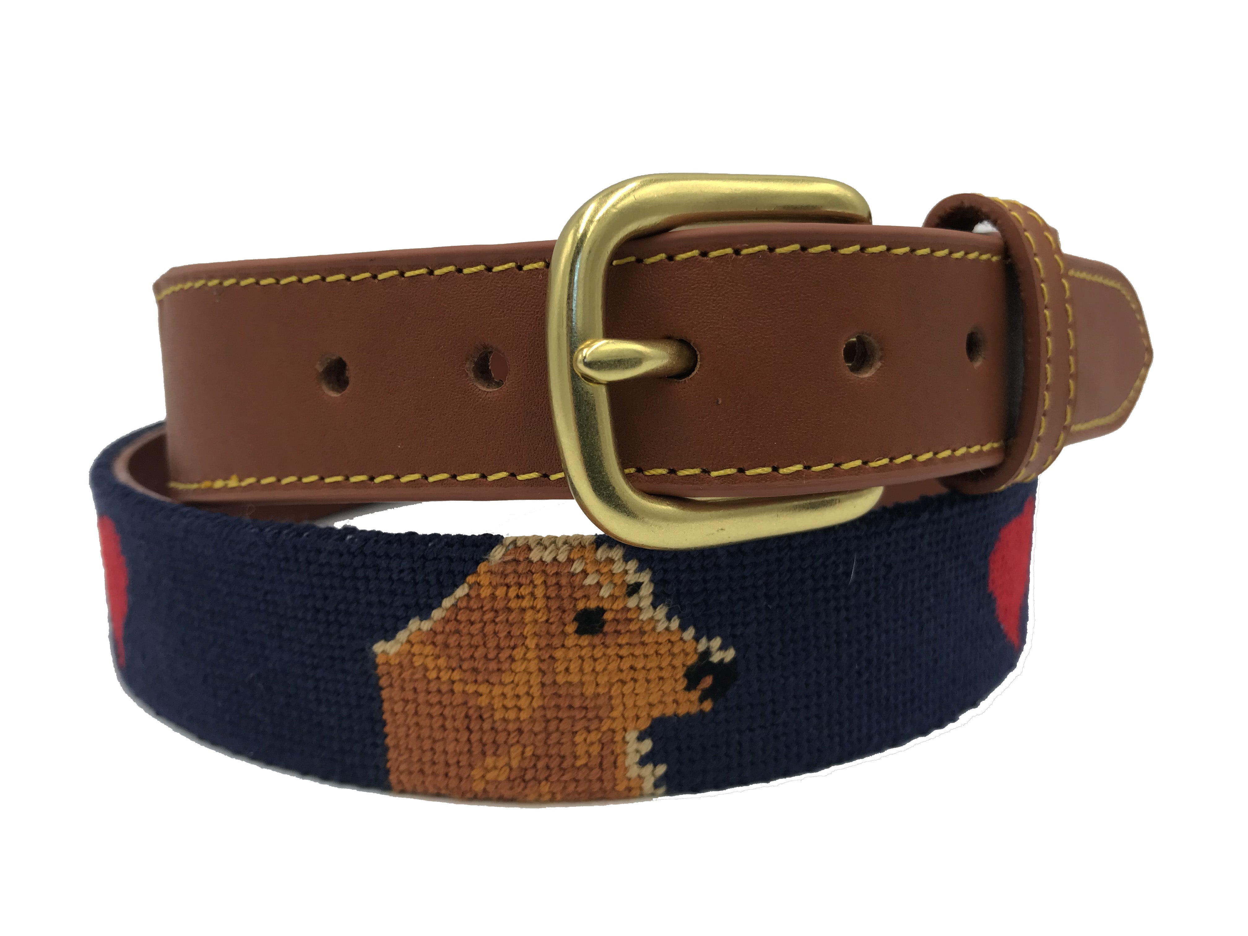 Brown leather belt with a gold buckle on a white background