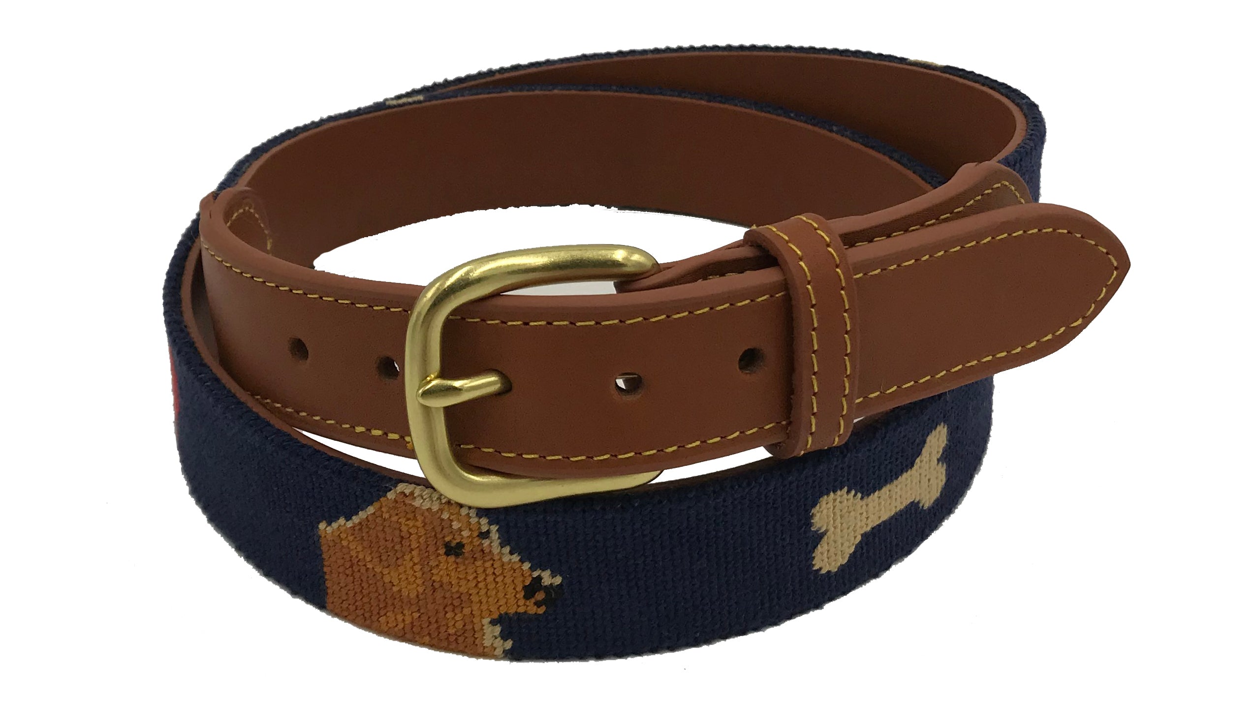 Navy belt with dog pattern and brown leather strap on a white background