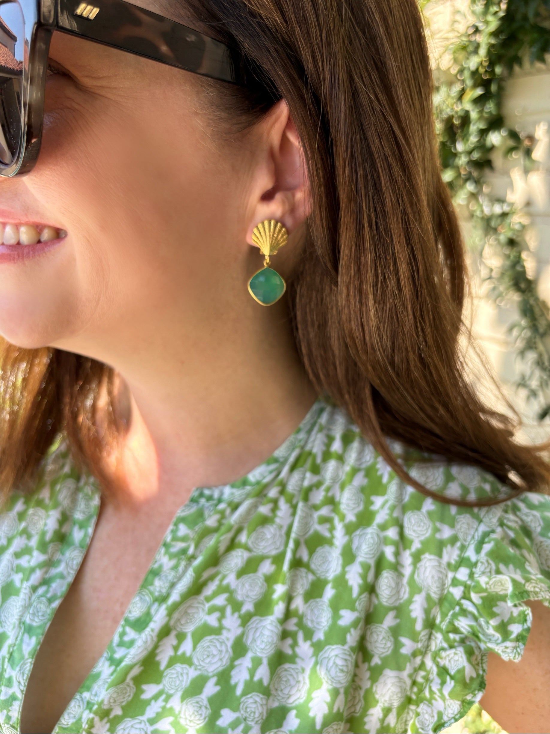Ocean Shell Green Calcedony Drop Earring