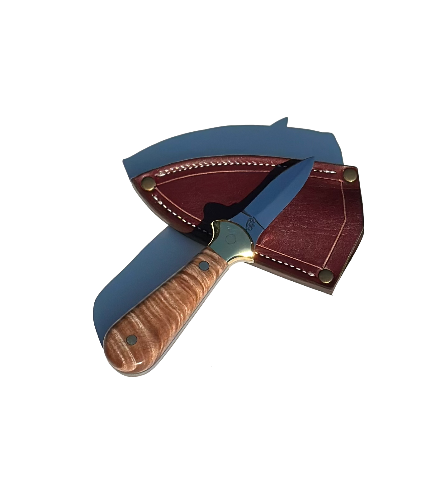 Knife with wooden handle and leather sheath on a white background