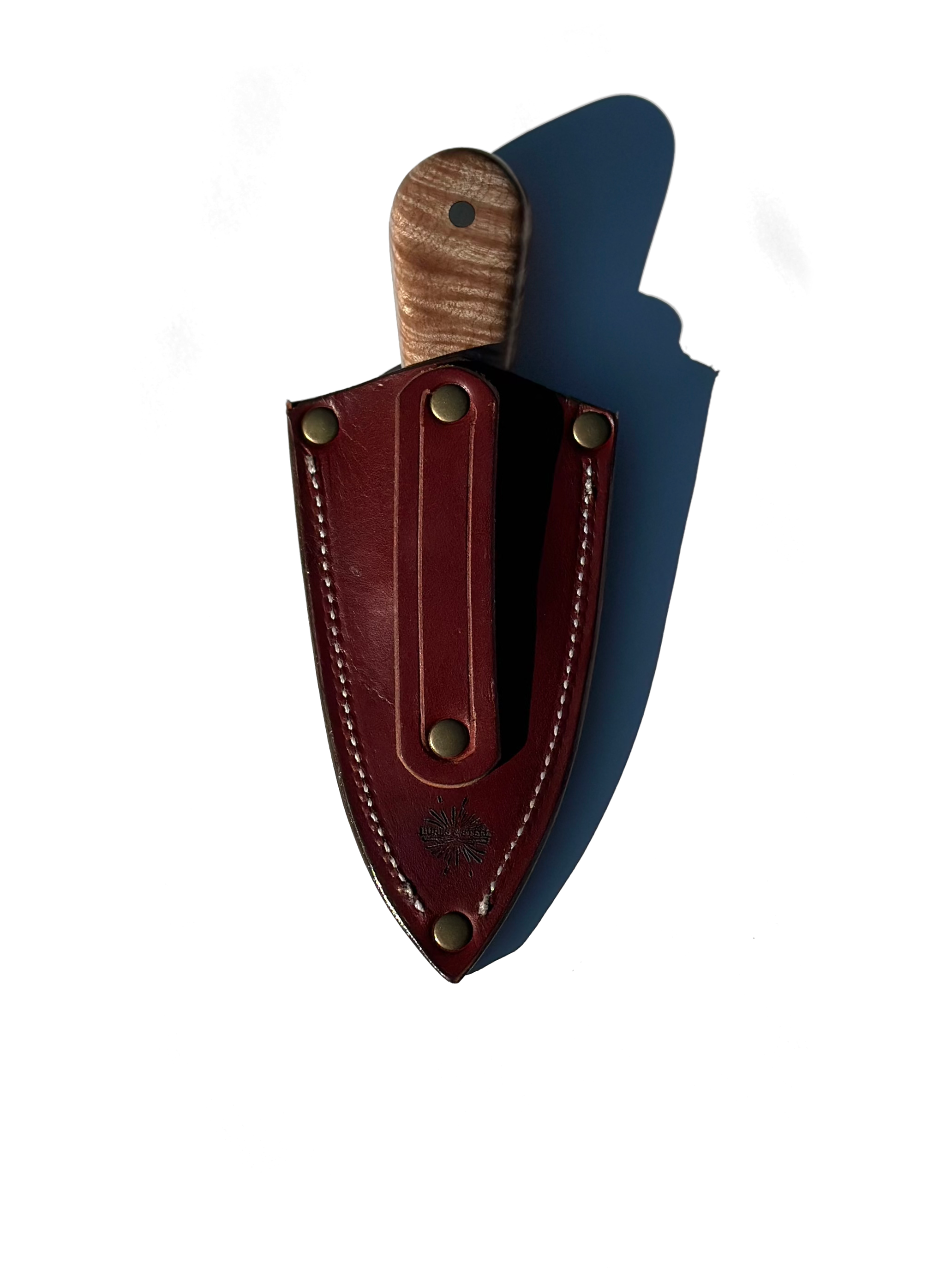 Knife with wooden handle in a brown leather sheath on a white background