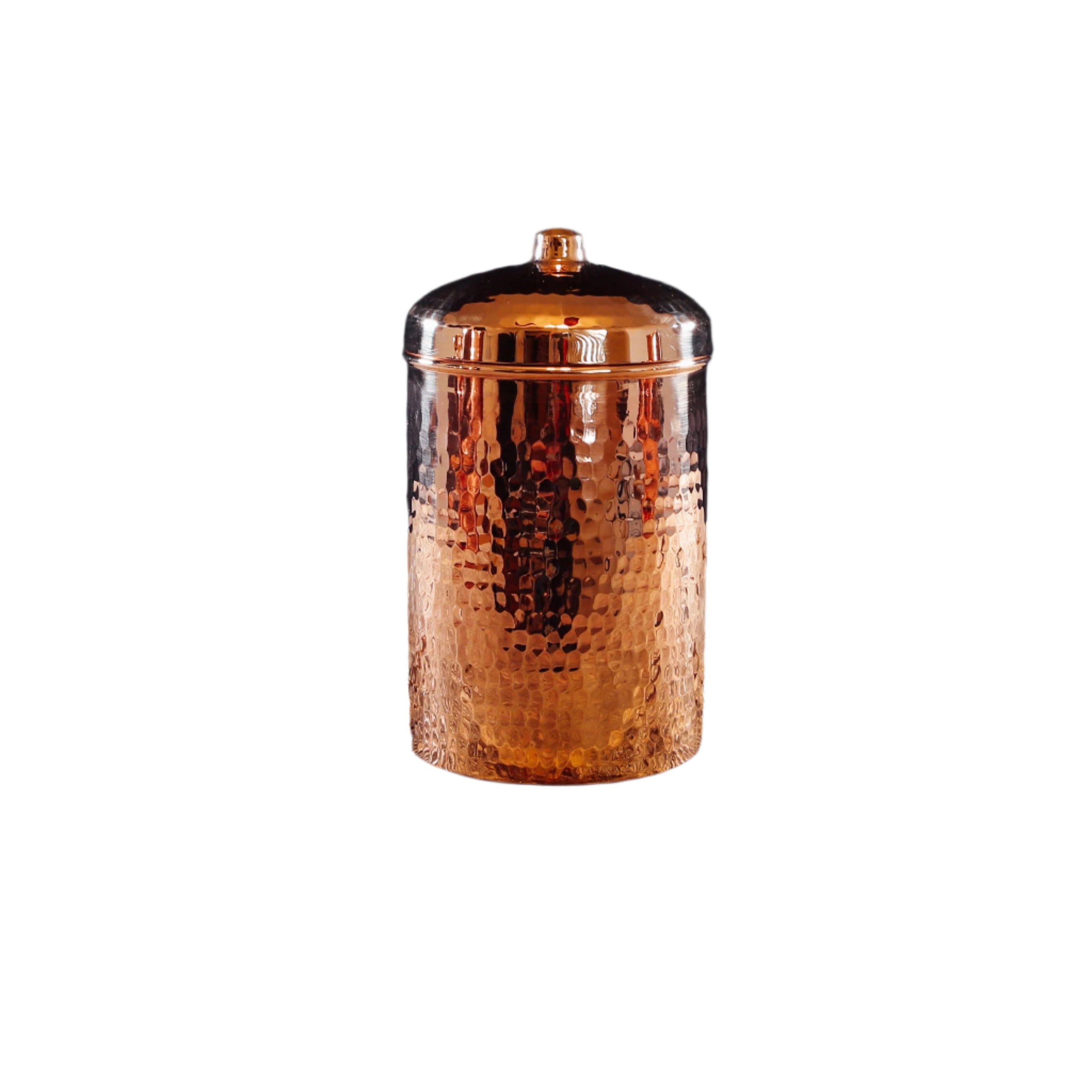 Copper canister on a wooden surface with a black background