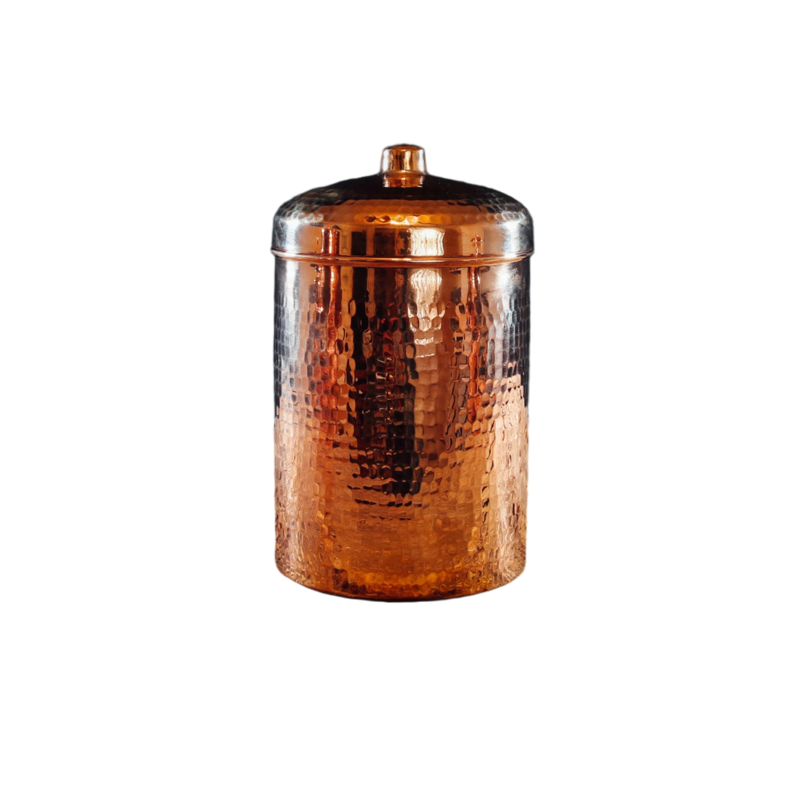 Copper canister on a wooden surface with a dark background