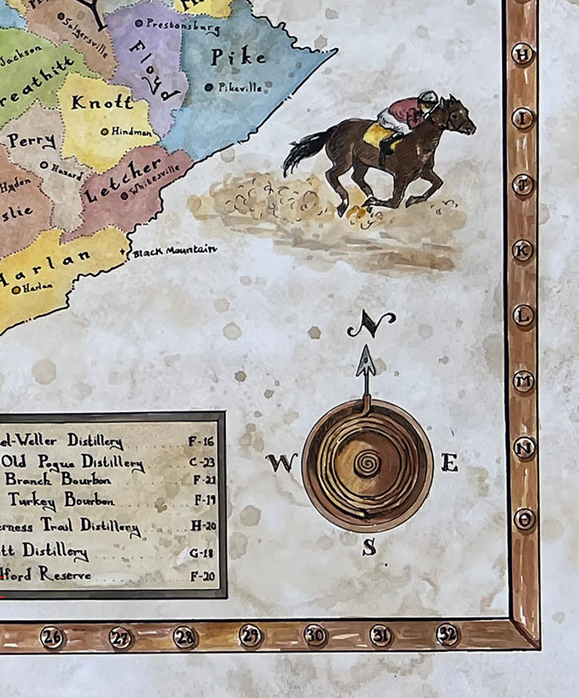 Map with a horse, compass, and text on a textured background