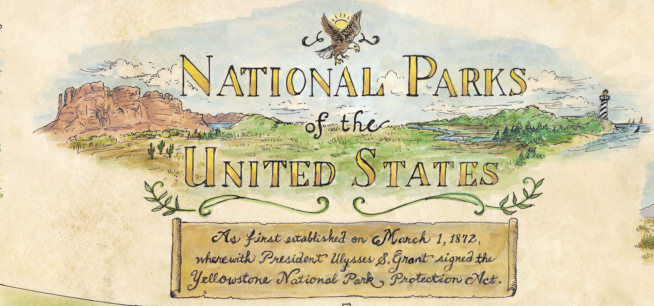 Decorative banner with illustrations of national parks and text about the National Parks of the United States.