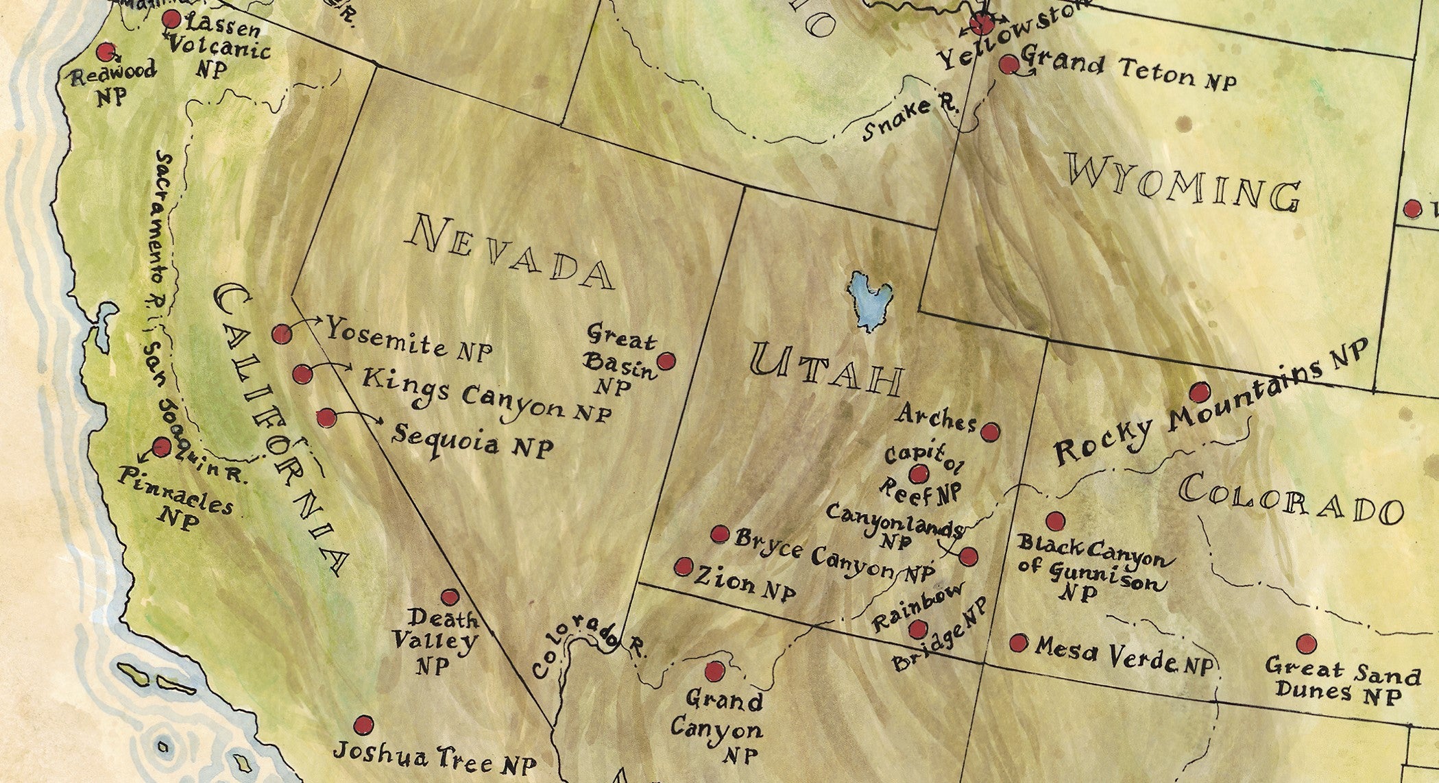 Map of the United States with national parks marked, focusing on the western region.