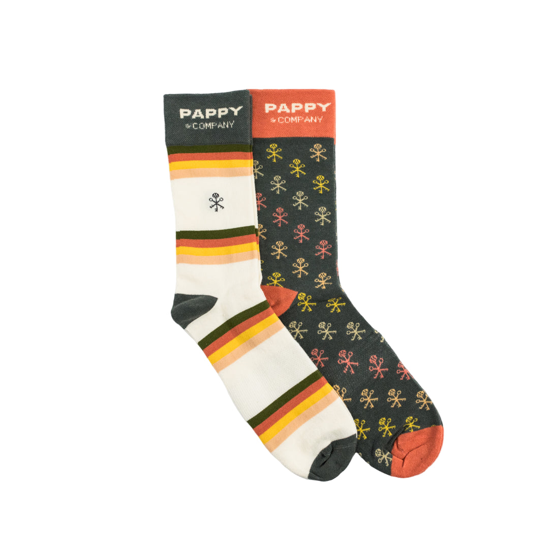 Two pairs of socks with different patterns and colors on a white background, branded 'Pappy & Co'.