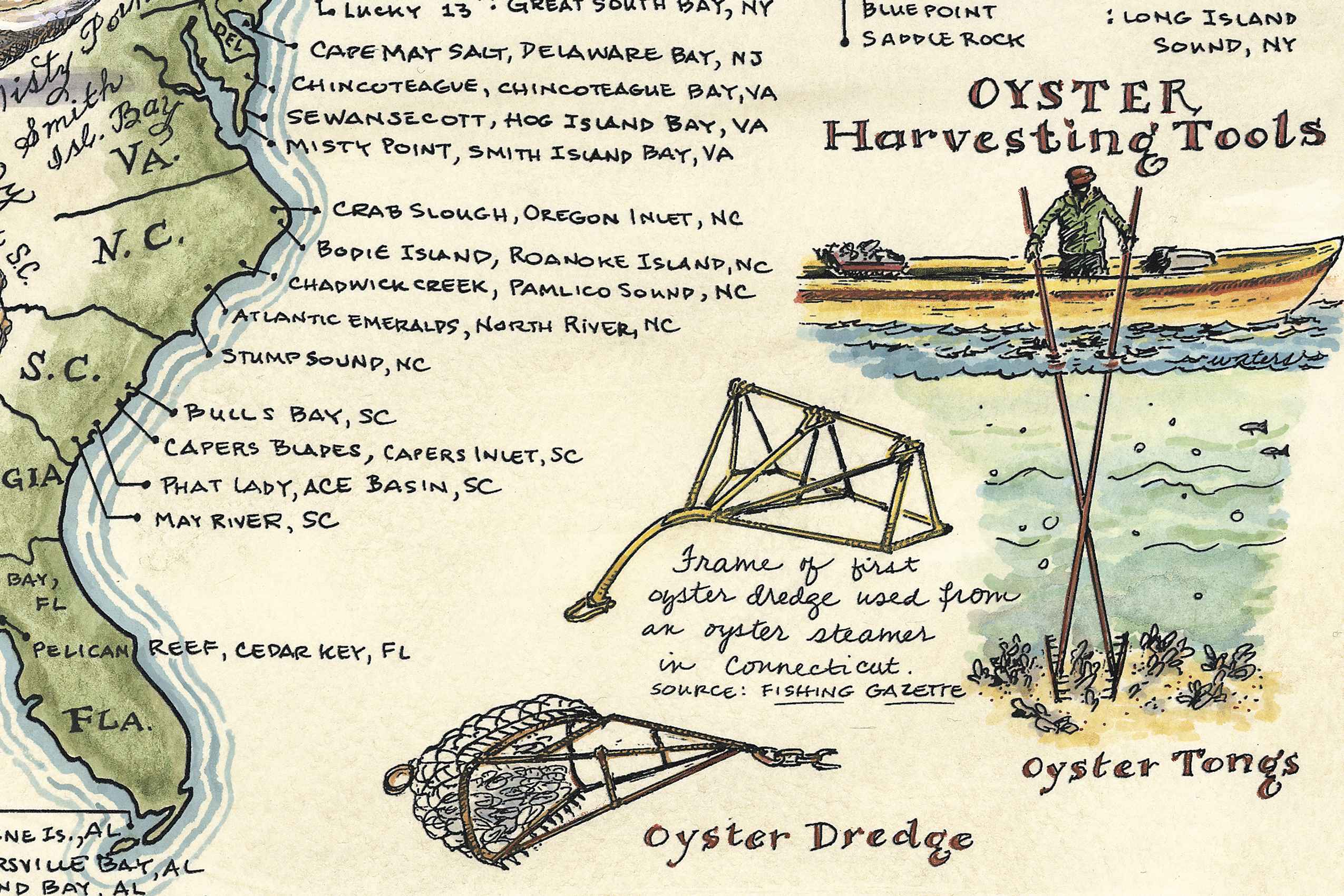 Map of coastal areas with illustrations of oyster harvesting tools.