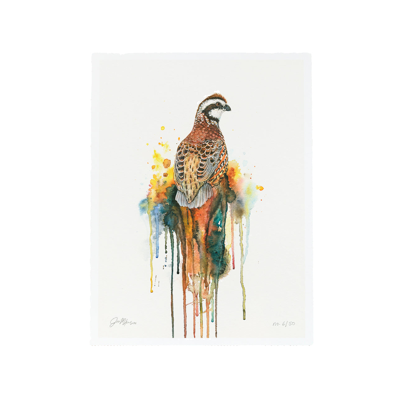 Watercolor painting of a bird on a wooden surface