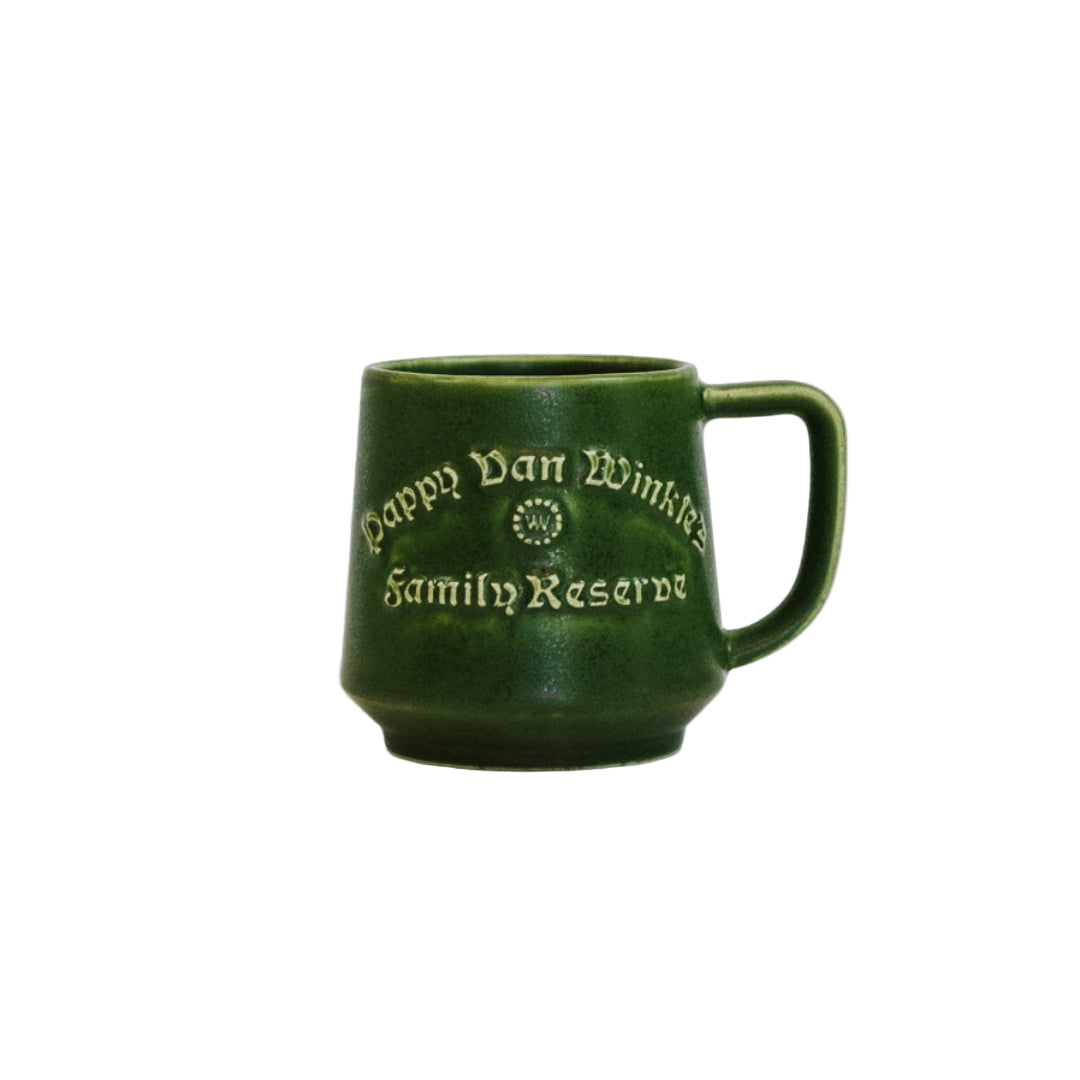 Green mug with 'Pappy Van Winkle's Family Reserve' text on a white background