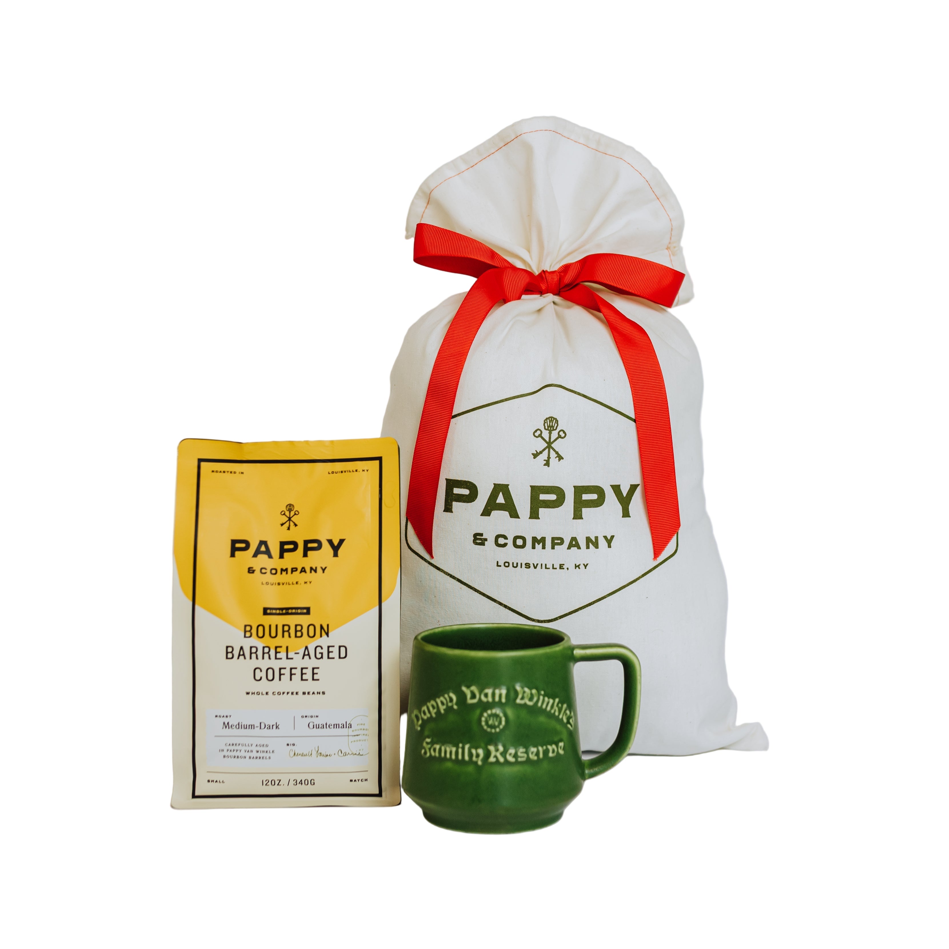 Pappy & Company coffee package, green mug, and gift bag with red ribbon on a white background