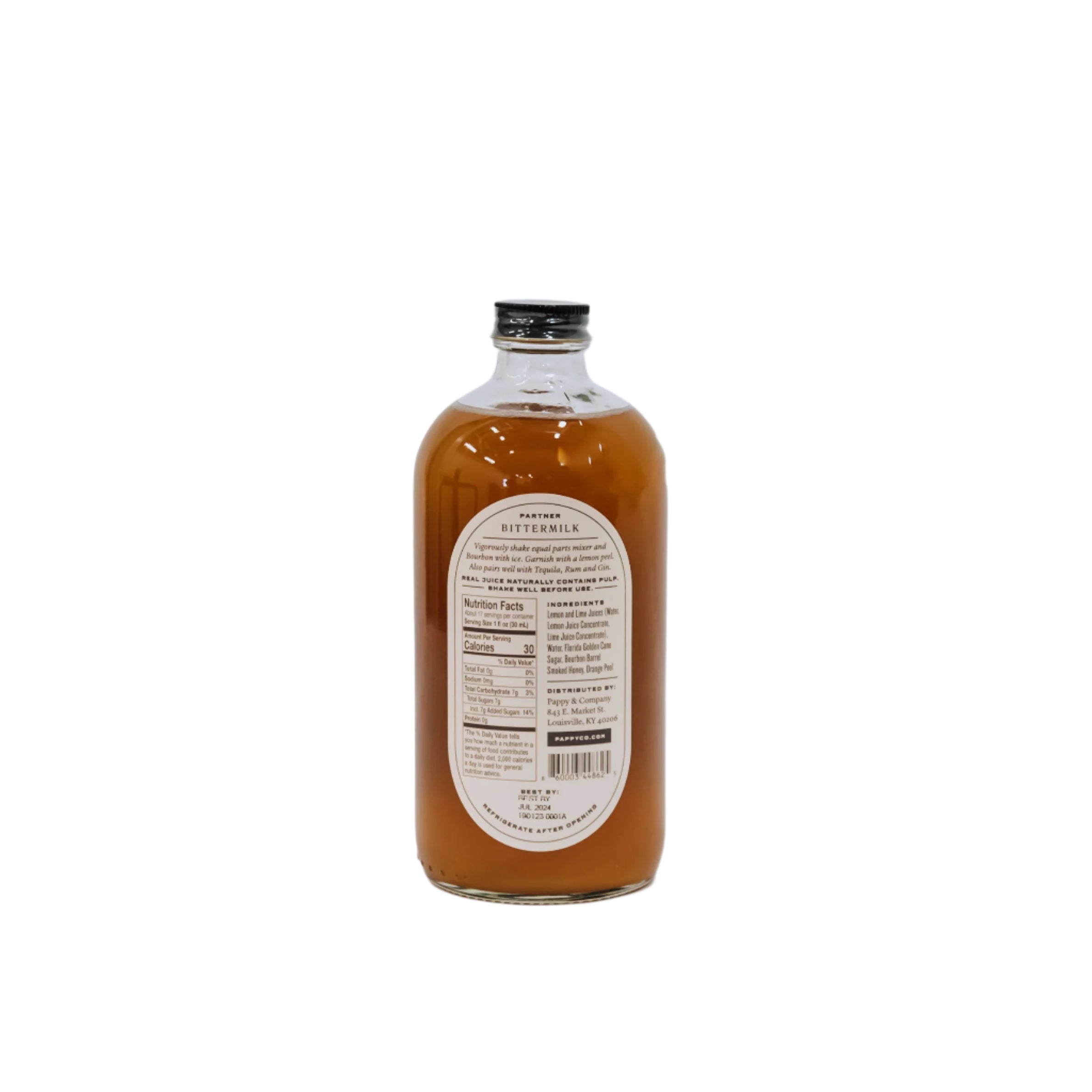 Bottle of bitters with a label on a white background