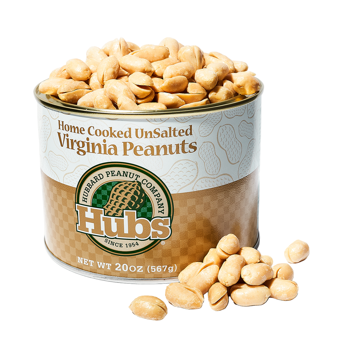 Can of Hubs Home Cooked Unsalted Virginia Peanuts on a white background