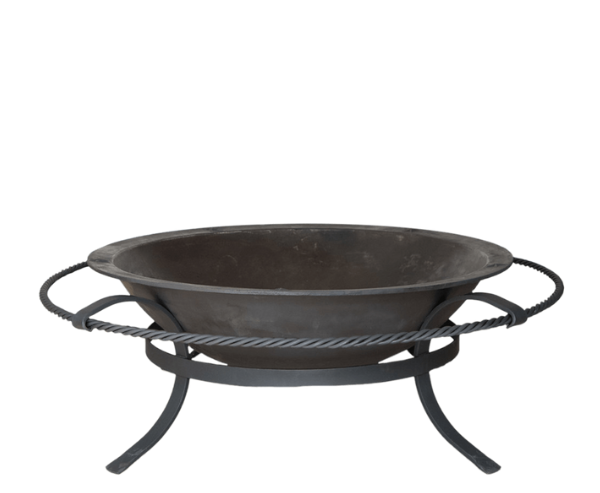 Black metal fire pit on a white background