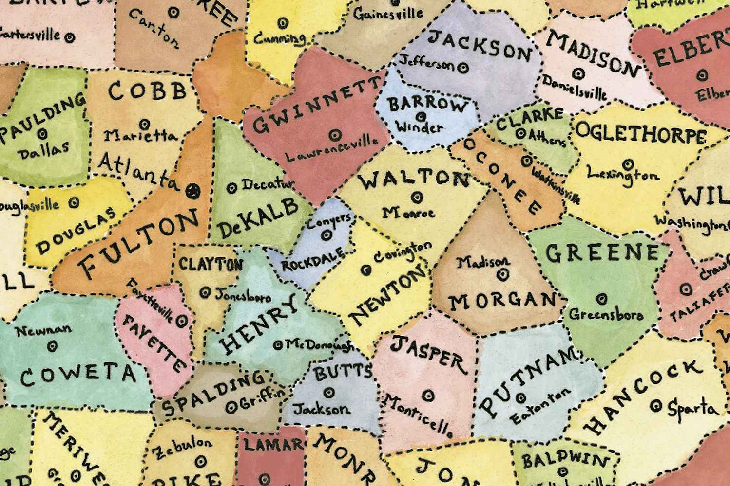 Map of Georgia with county names labeled in various colors