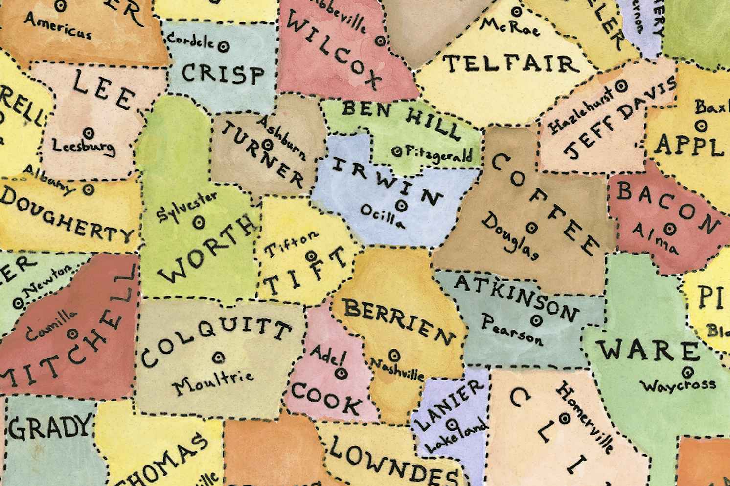 Map of Georgia with colorful county names