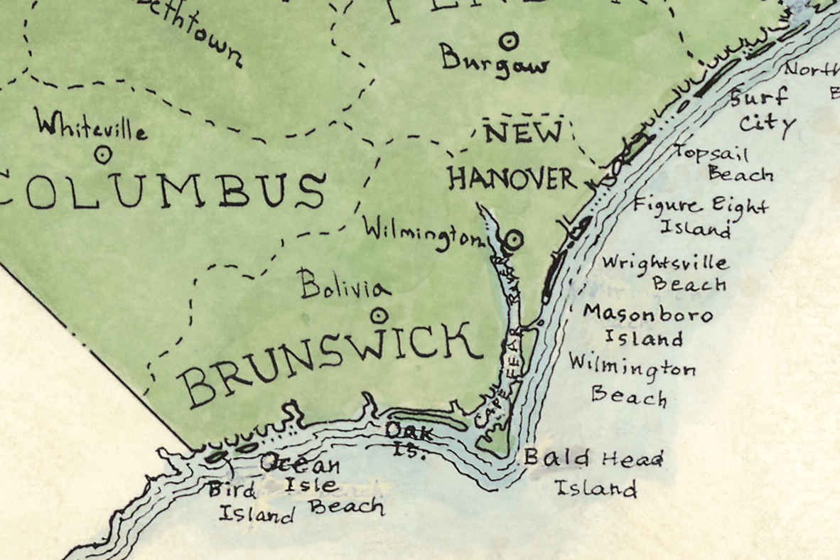 Map of coastal areas including Columbus, Brunswick, and Wilmington with various locations labeled.