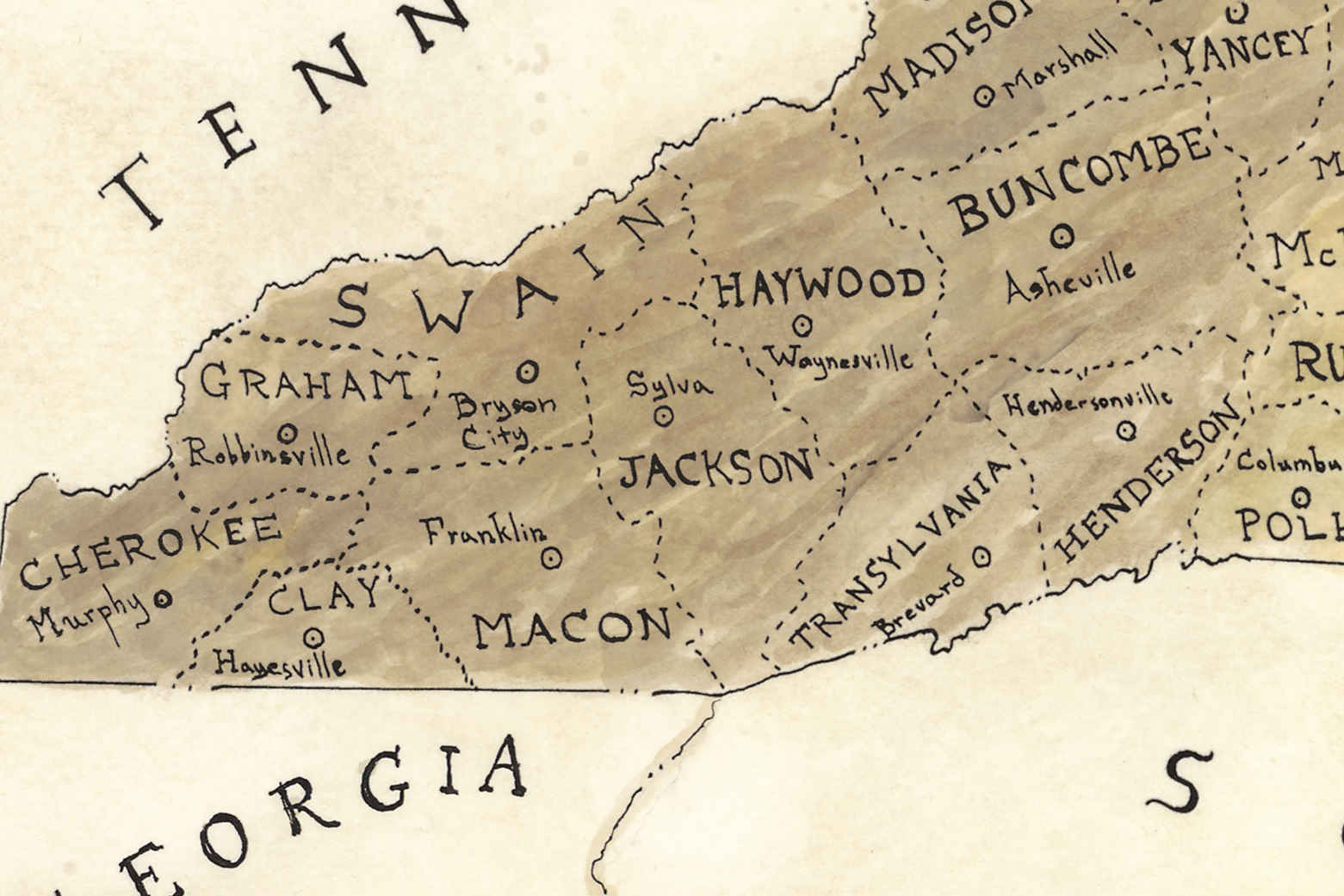 Vintage map of North Carolina with county names and geographical features.