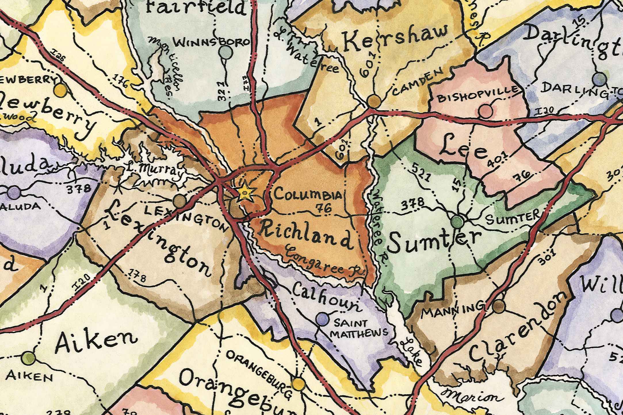 Map of a region with various towns labeled, including Columbia and Richland.