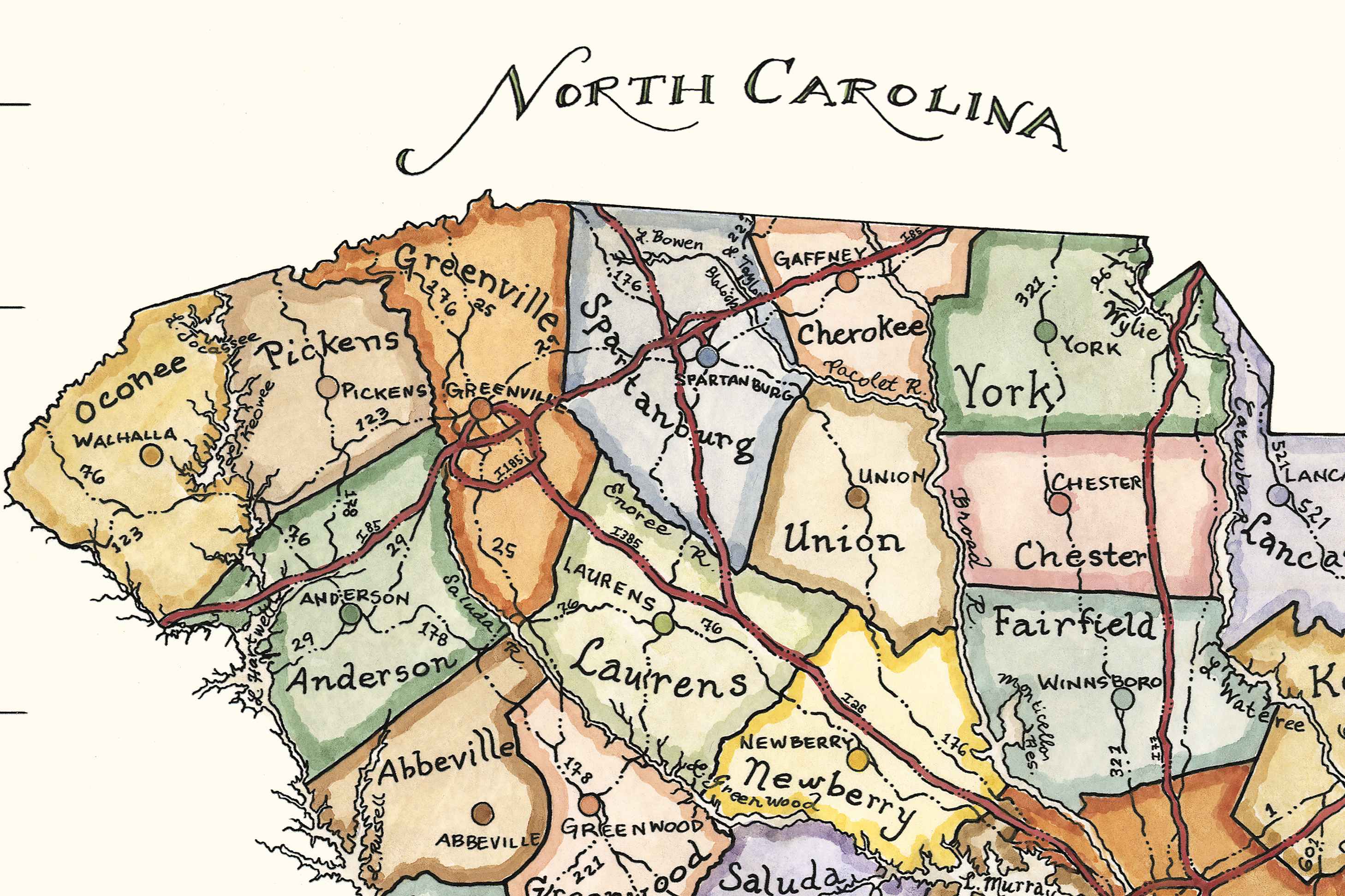 Map of North Carolina with various counties colored and labeled.