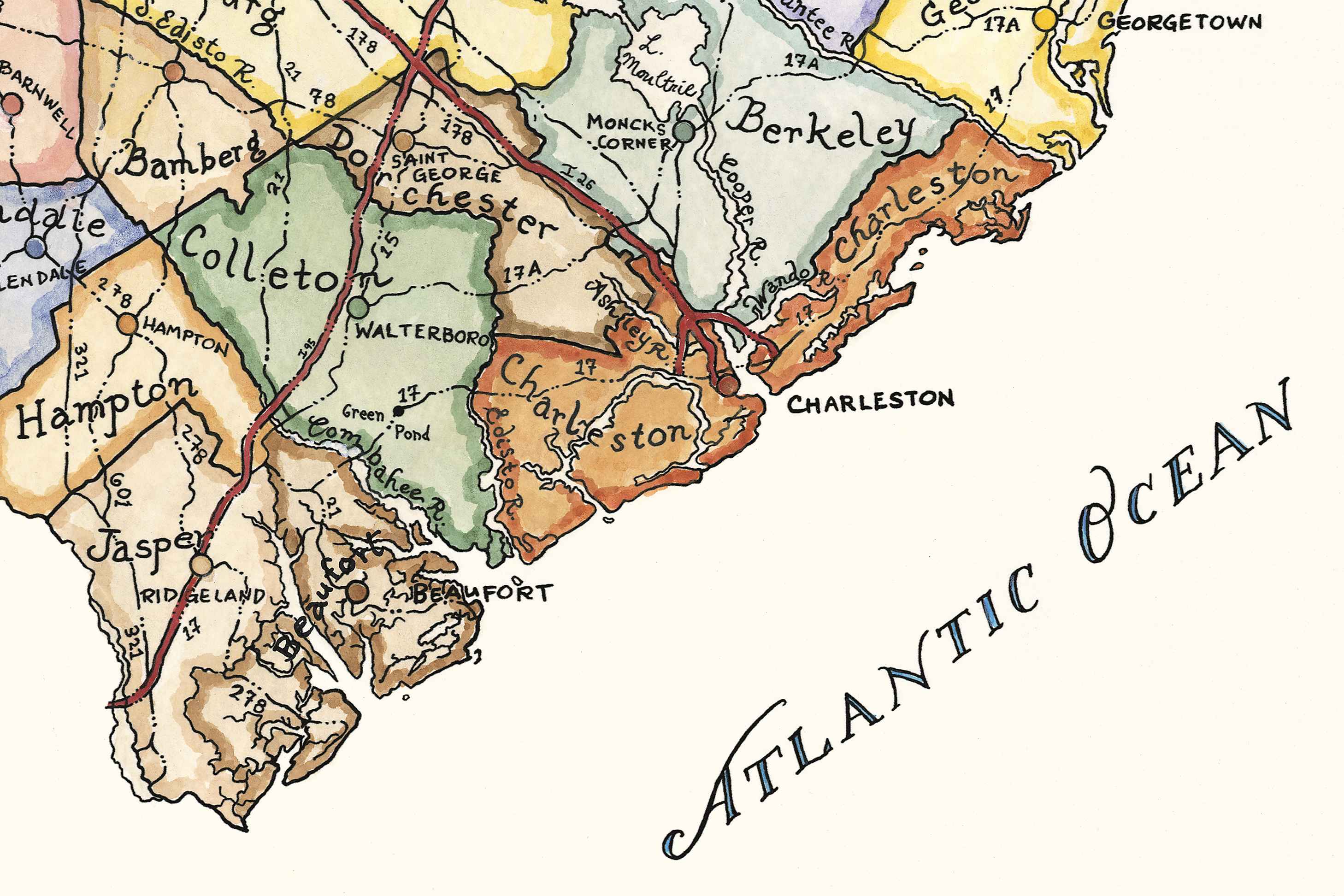 Vintage map of a region with labeled cities and 'Atlantic Ocean' text