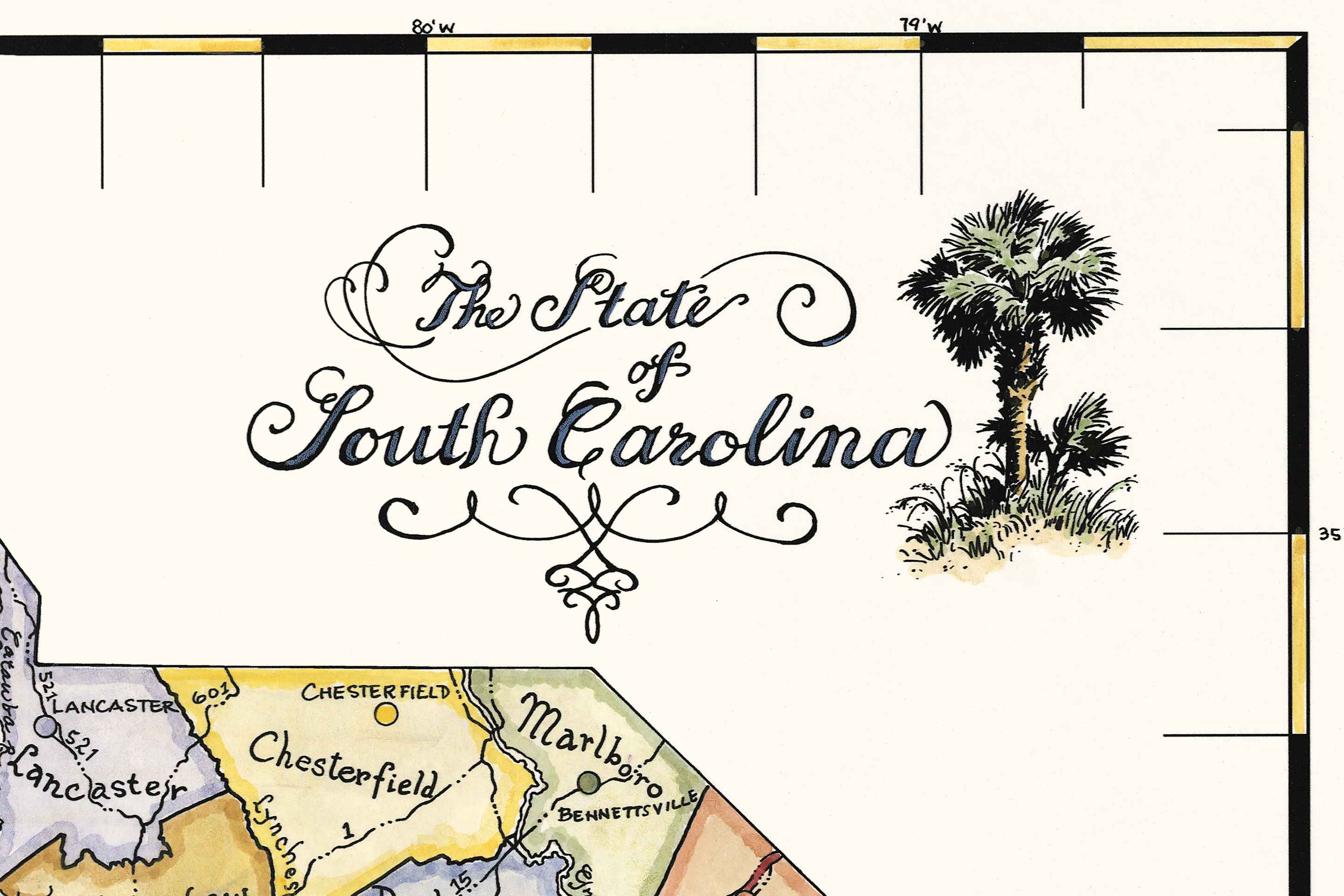 Map of the State of South Carolina with decorative text and a palm tree illustration.