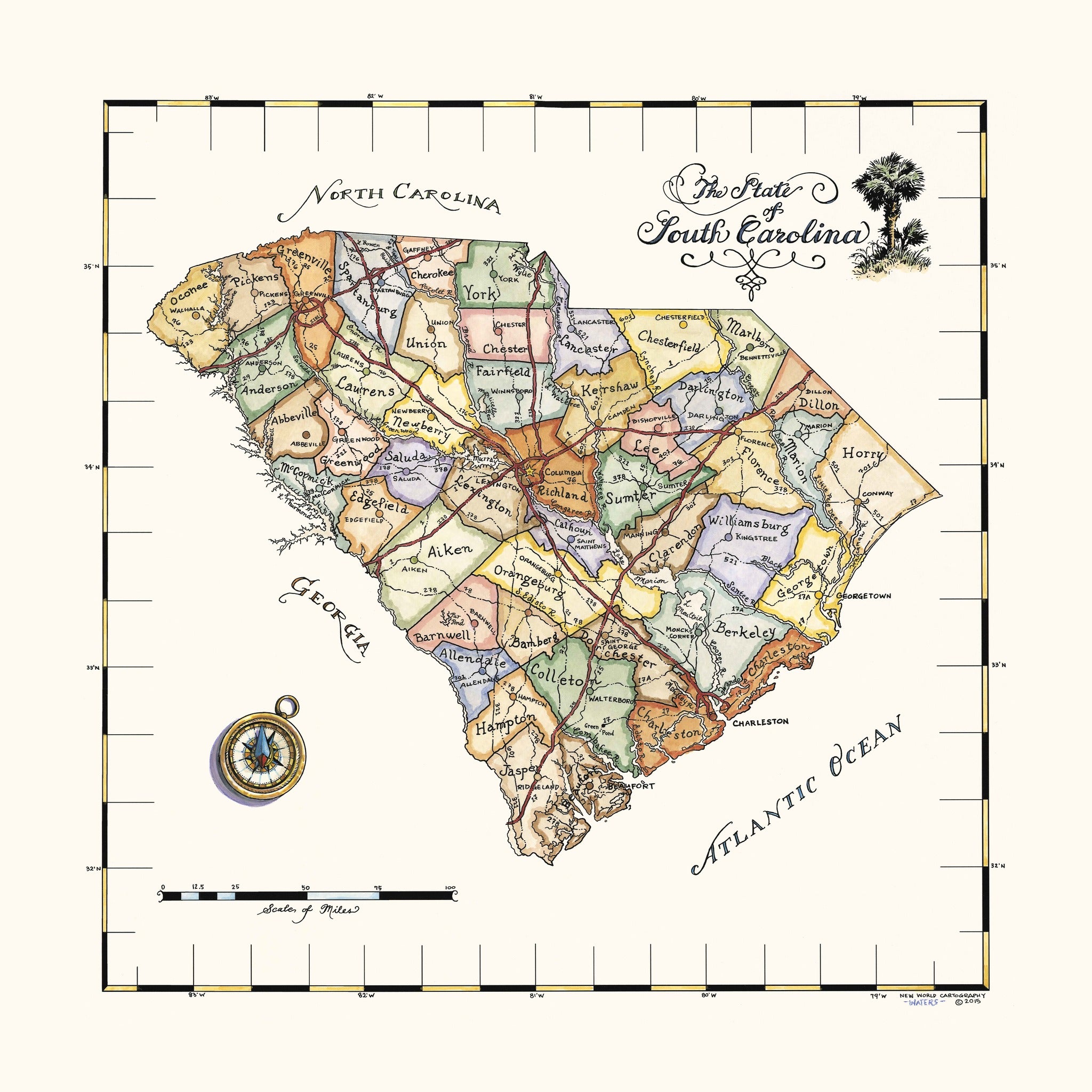 Vintage-style map of the state of South Carolina with colorful regions and decorative elements.