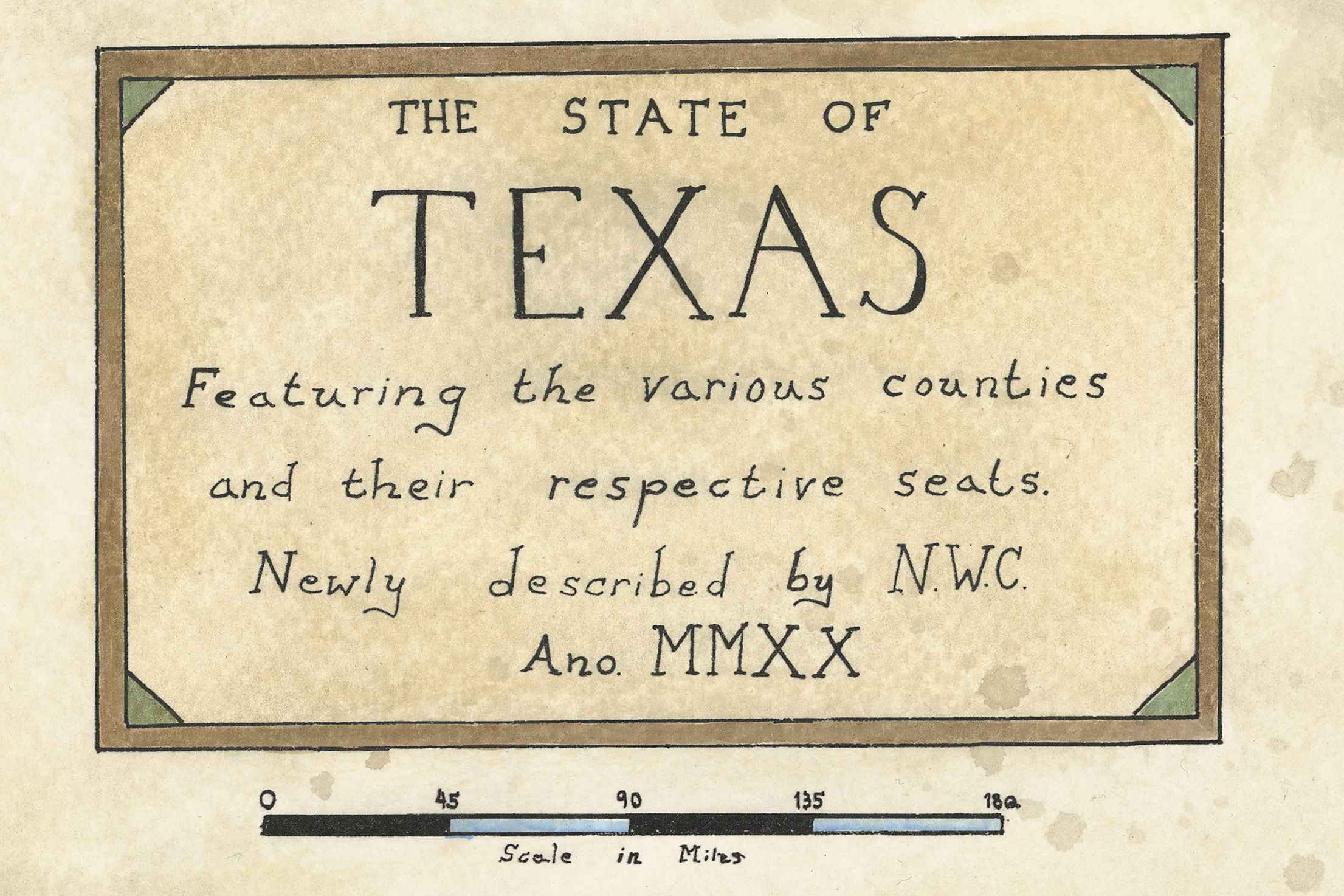 Map of Texas with text and a scale bar on a textured background
