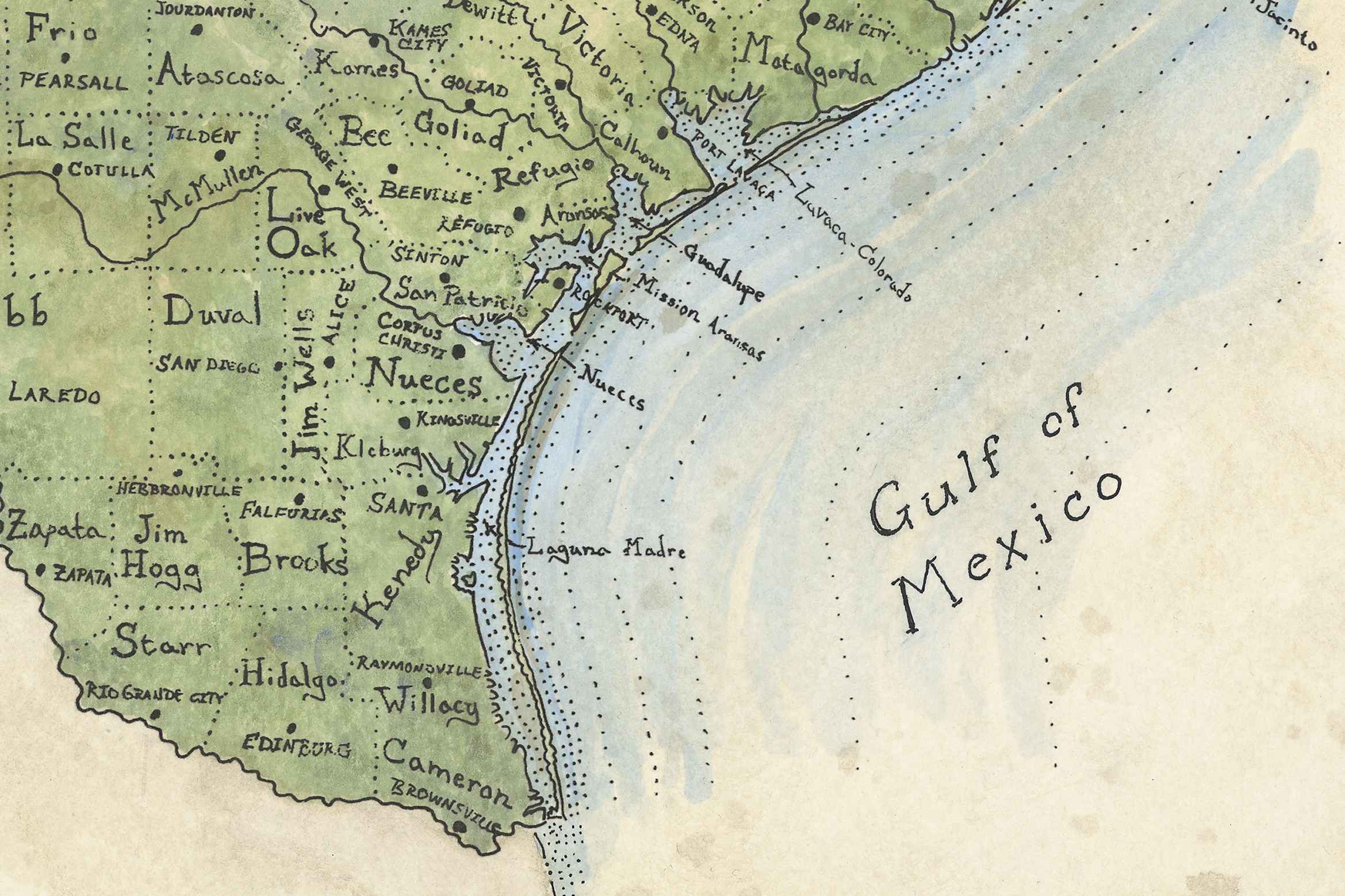 Vintage map of a coastal region with 'Gulf of Mexico' label